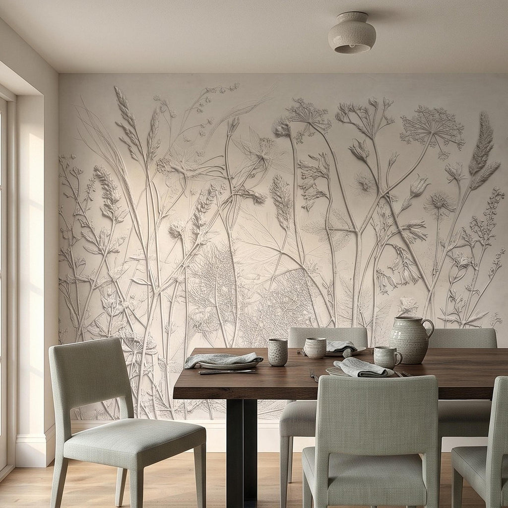Botanical Plaster Relief Peel and Stick Wall Mural, Wildflowers and Meadow Grasses Textured Floral Wallpaper