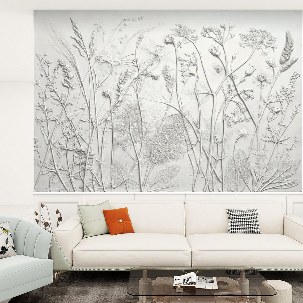 Botanical Plaster Relief Peel and Stick Wall Mural, Wildflowers and Meadow Grasses Textured Floral Wallpaper