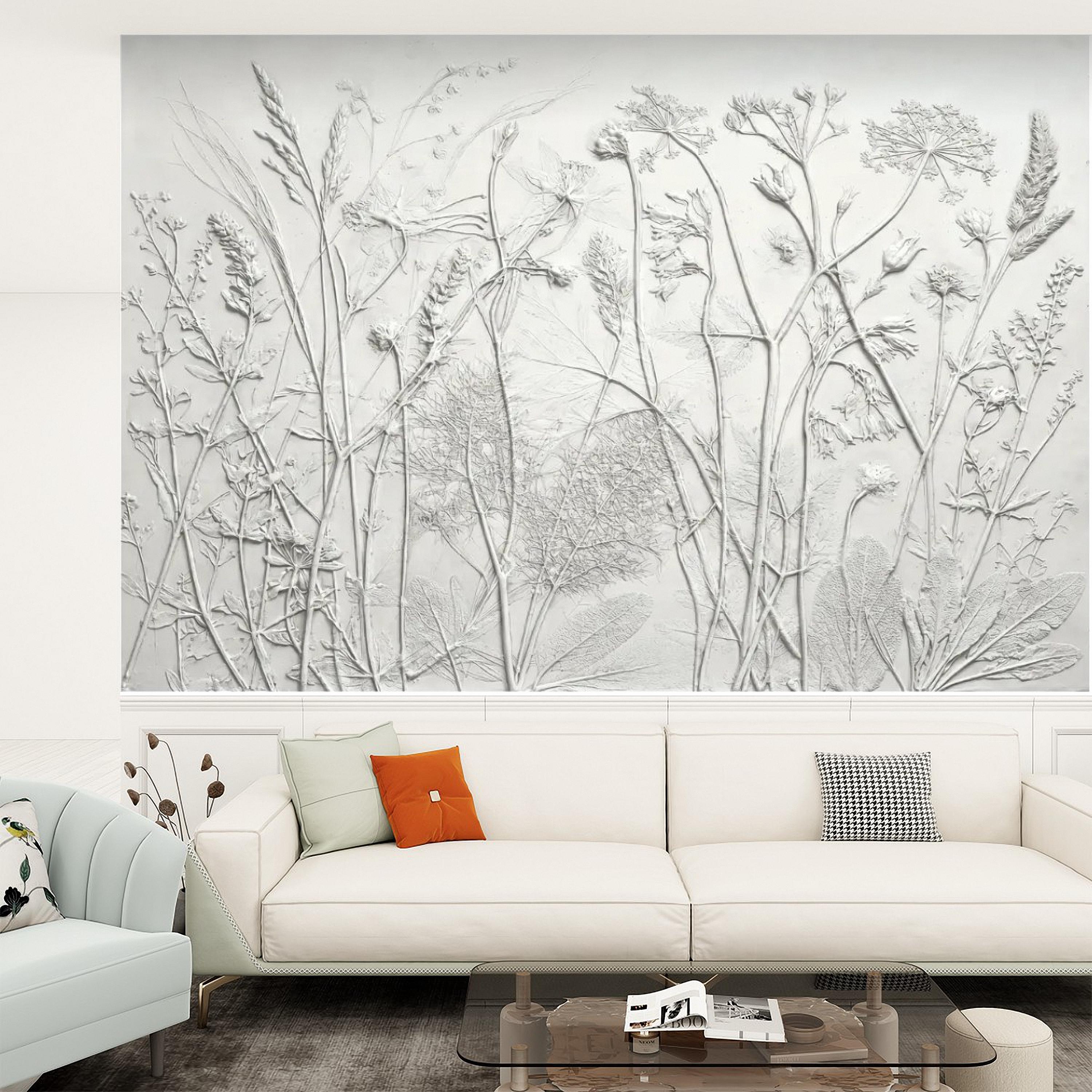 Botanical Plaster Relief Peel and Stick Wall Mural, Wildflowers and Meadow Grasses Textured Floral Wallpaper