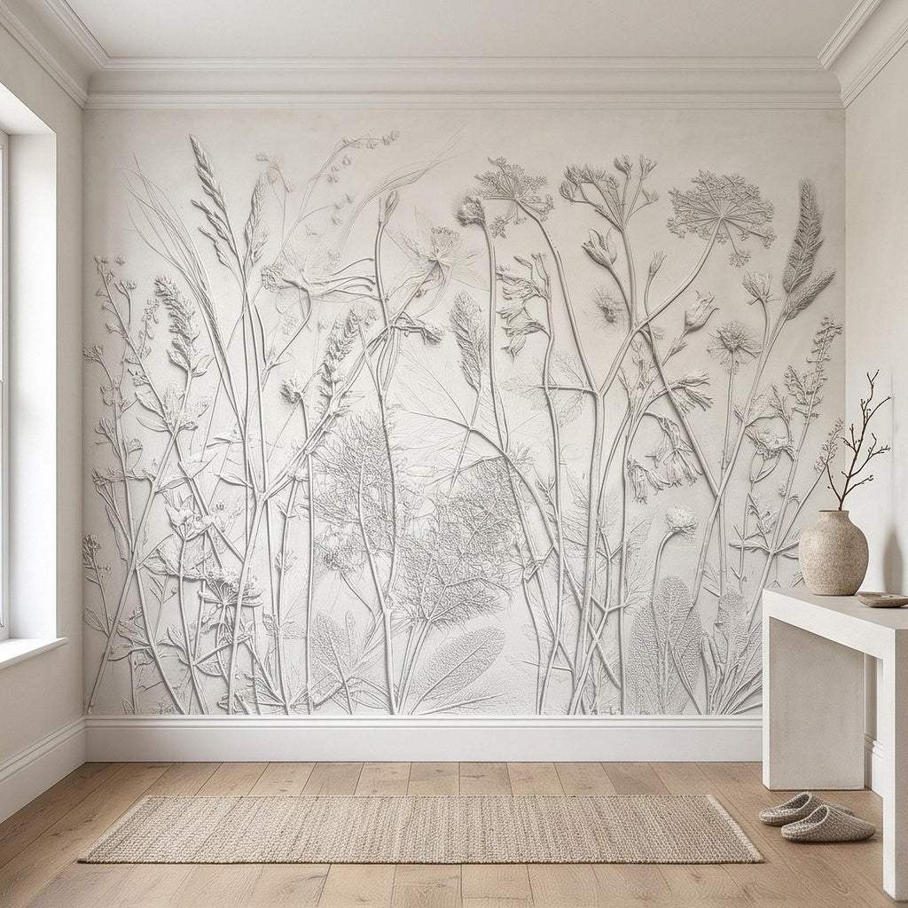 Botanical Plaster Relief Peel and Stick Wall Mural, Wildflowers and Meadow Grasses Textured Floral Wallpaper