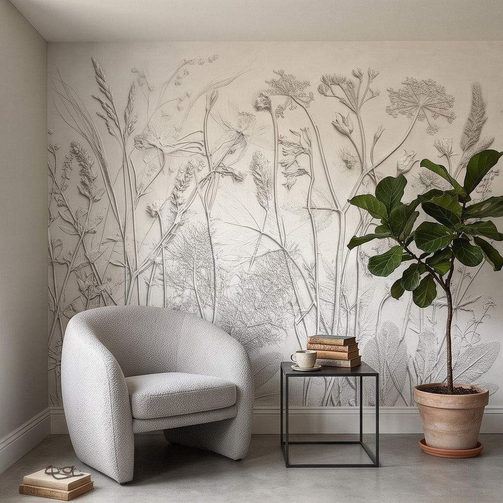 Botanical Plaster Relief Peel and Stick Wall Mural, Wildflowers and Meadow Grasses Textured Floral Wallpaper