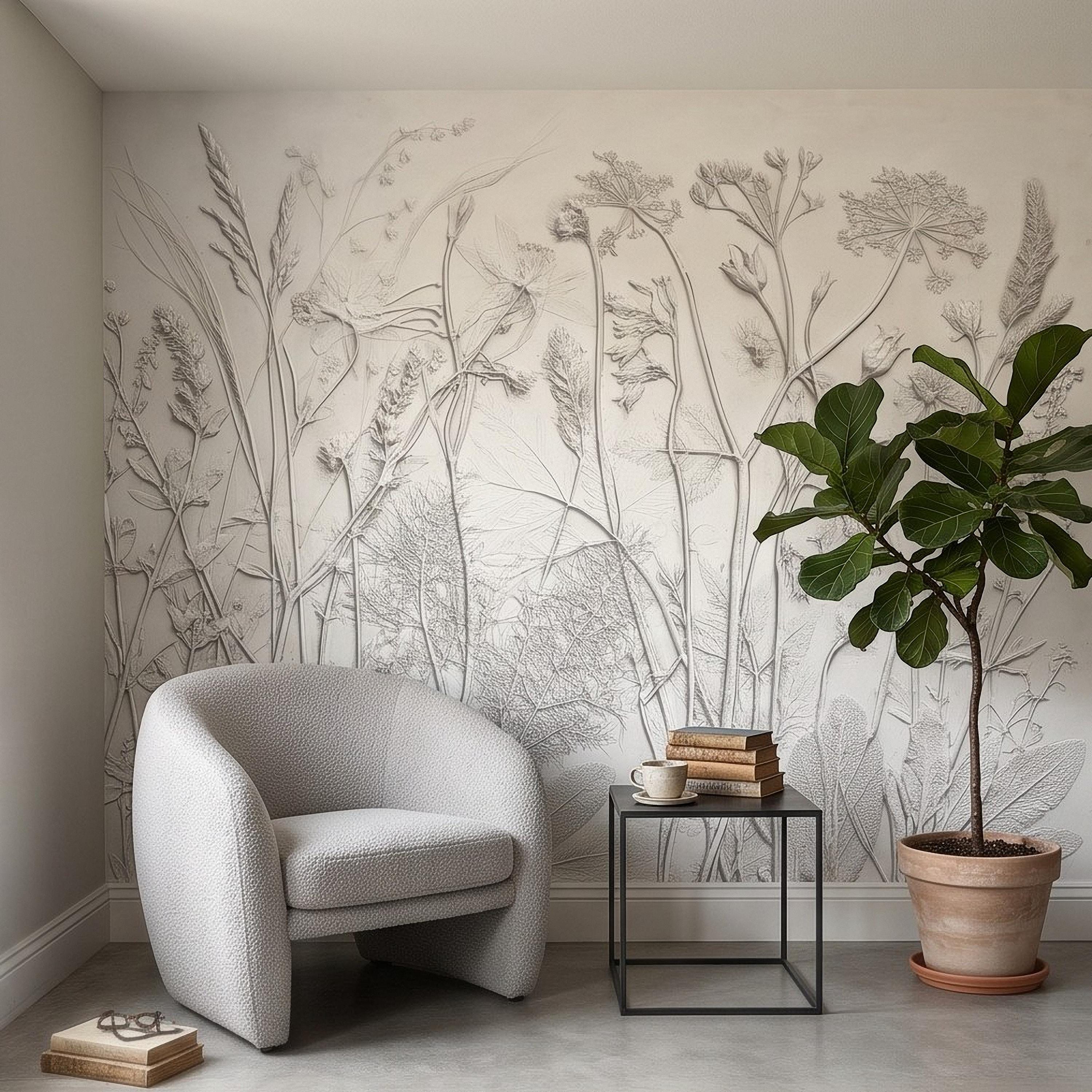 Botanical Plaster Relief Peel and Stick Wall Mural, Wildflowers and Meadow Grasses Textured Floral Wallpaper