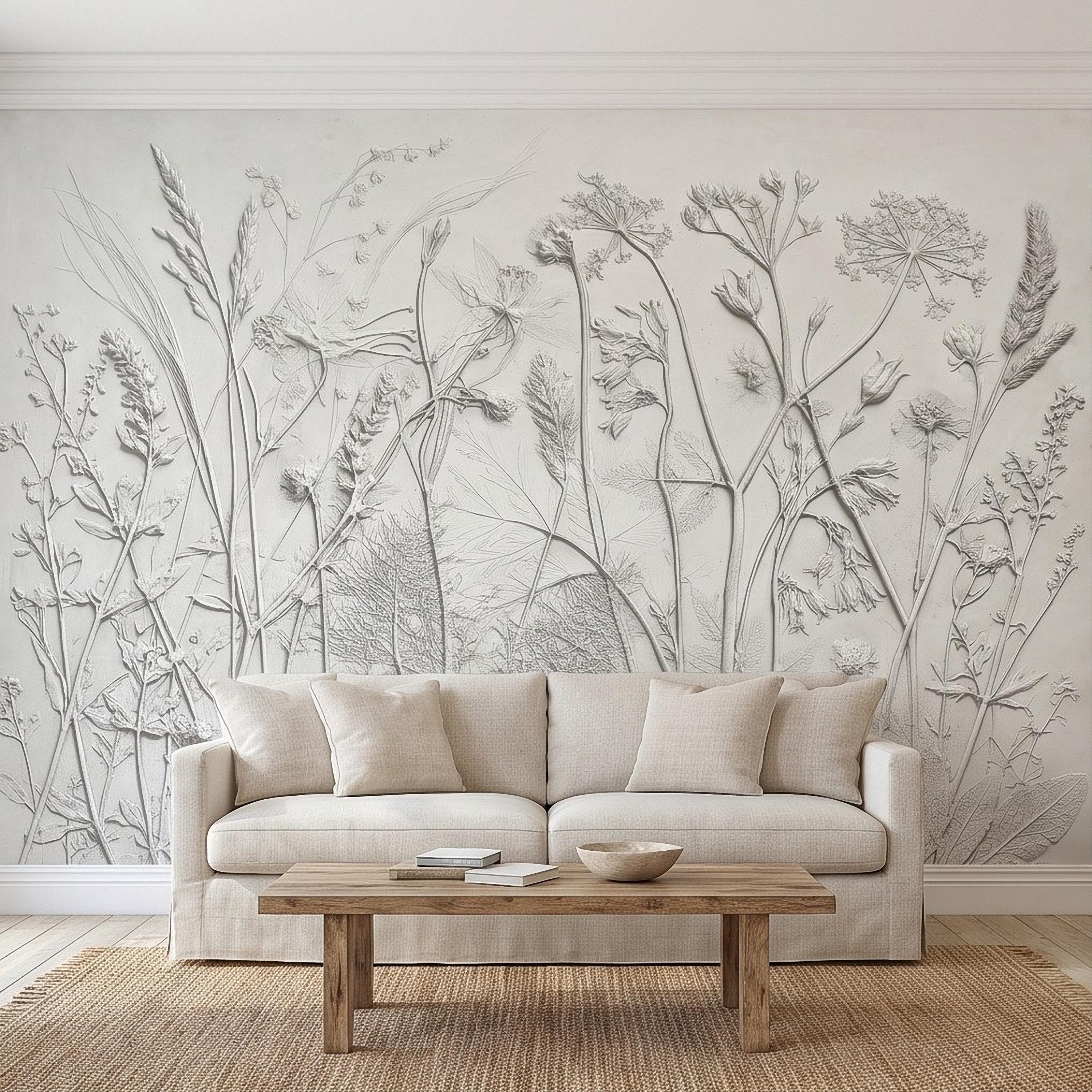 Botanical Plaster Relief Peel and Stick Wall Mural, Wildflowers and Meadow Grasses Textured Floral Wallpaper