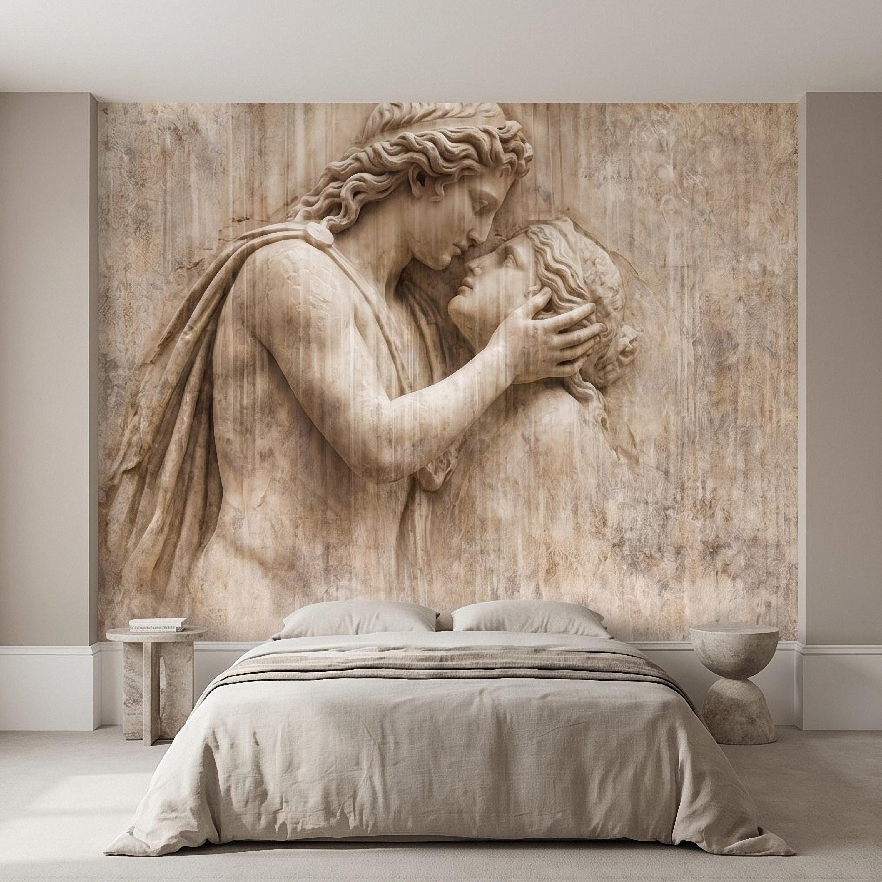 Romantic Lovers Peel and Stick Wall Mural, Renaissance Sculpture Embrace, Antique European Relief Art, Vintage Classical Statue Wallpaper