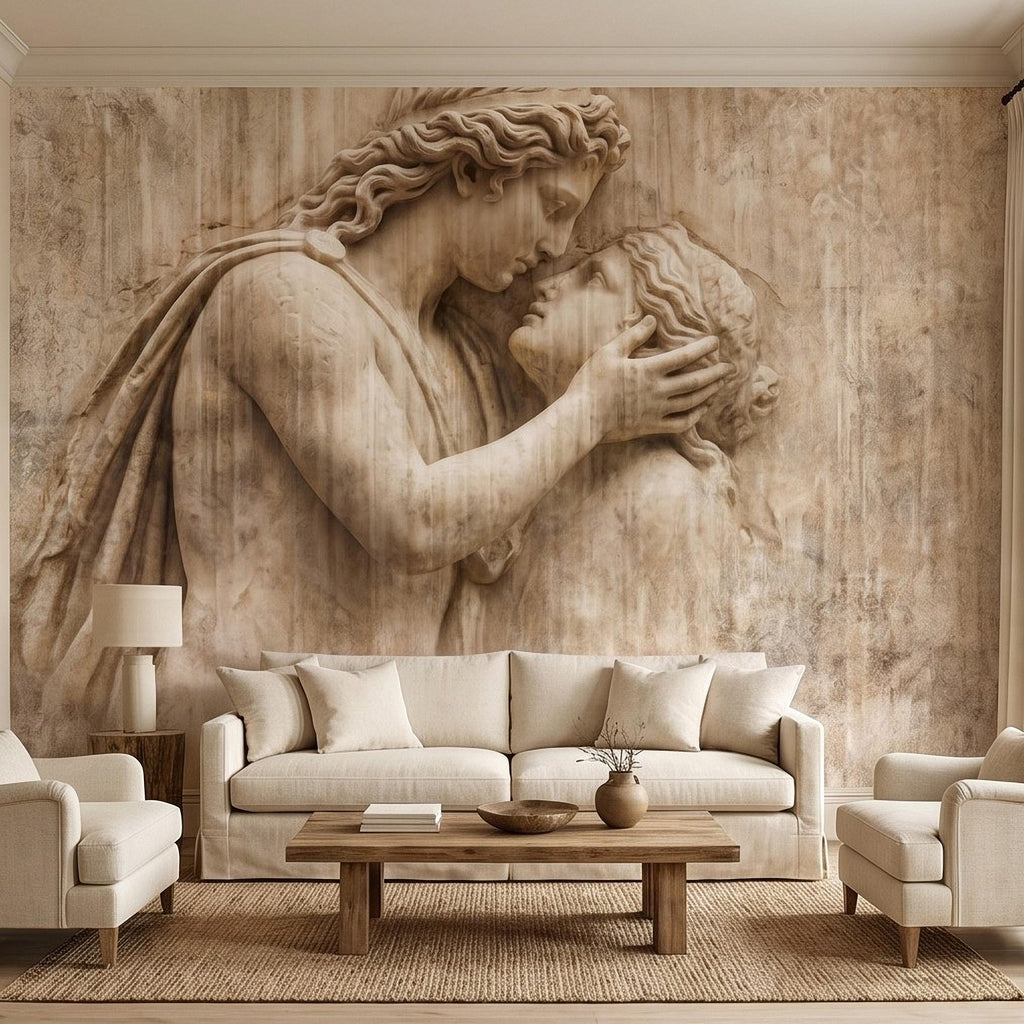 Romantic Lovers Peel and Stick Wall Mural, Renaissance Sculpture Embrace, Antique European Relief Art, Vintage Classical Statue Wallpaper
