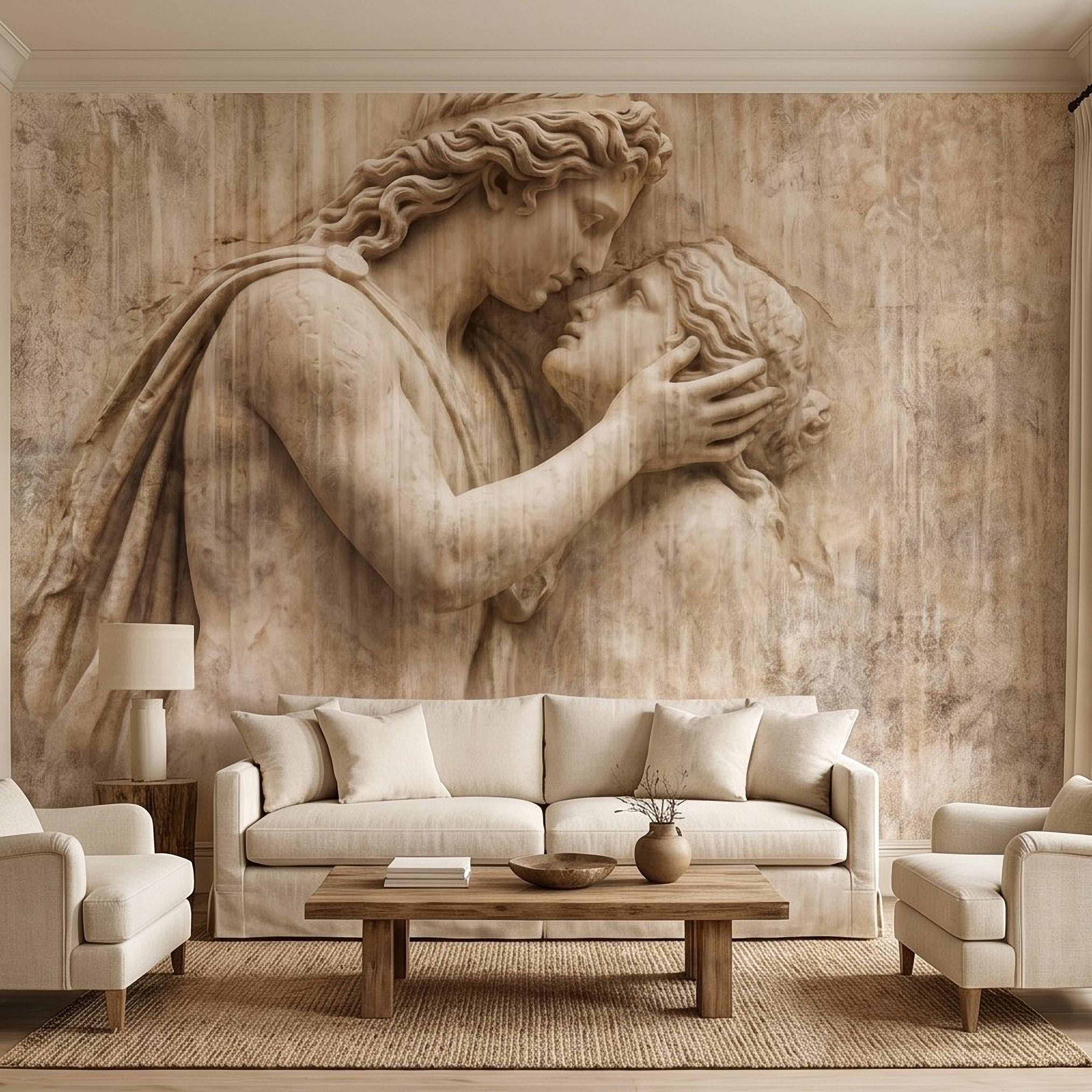 Romantic Lovers Peel and Stick Wall Mural, Renaissance Sculpture Embrace, Antique European Relief Art, Vintage Classical Statue Wallpaper