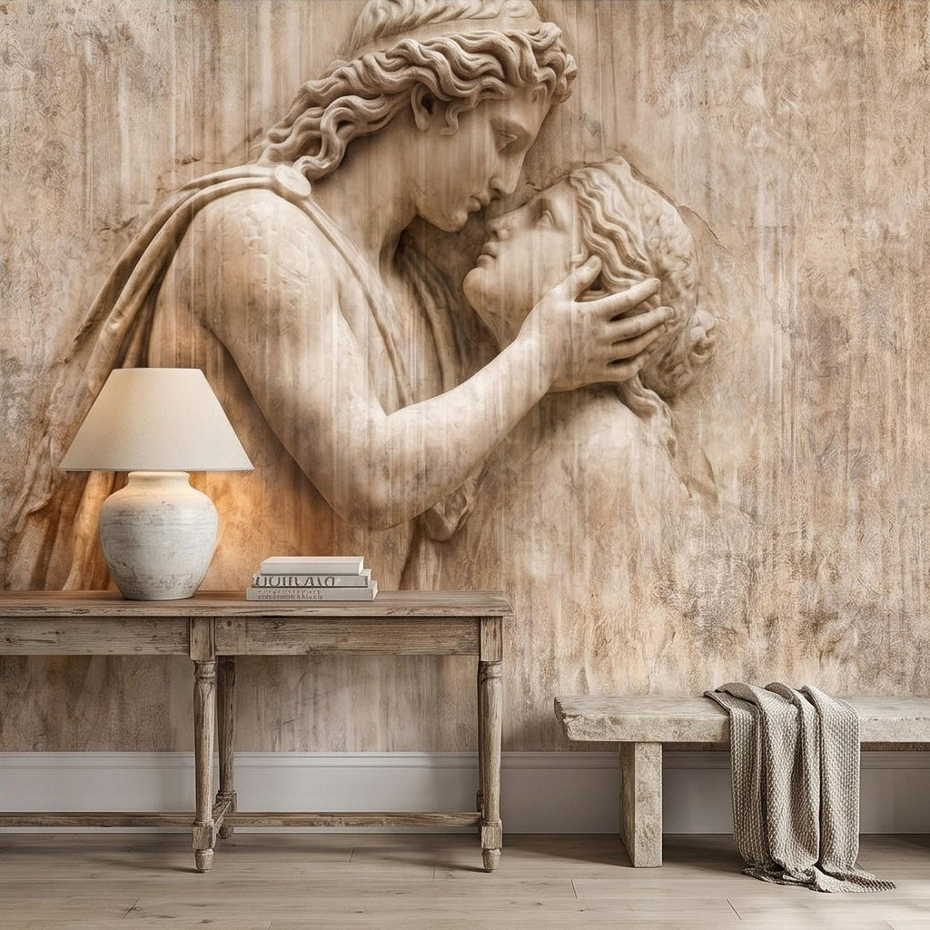 Romantic Lovers Peel and Stick Wall Mural, Renaissance Sculpture Embrace, Antique European Relief Art, Vintage Classical Statue Wallpaper