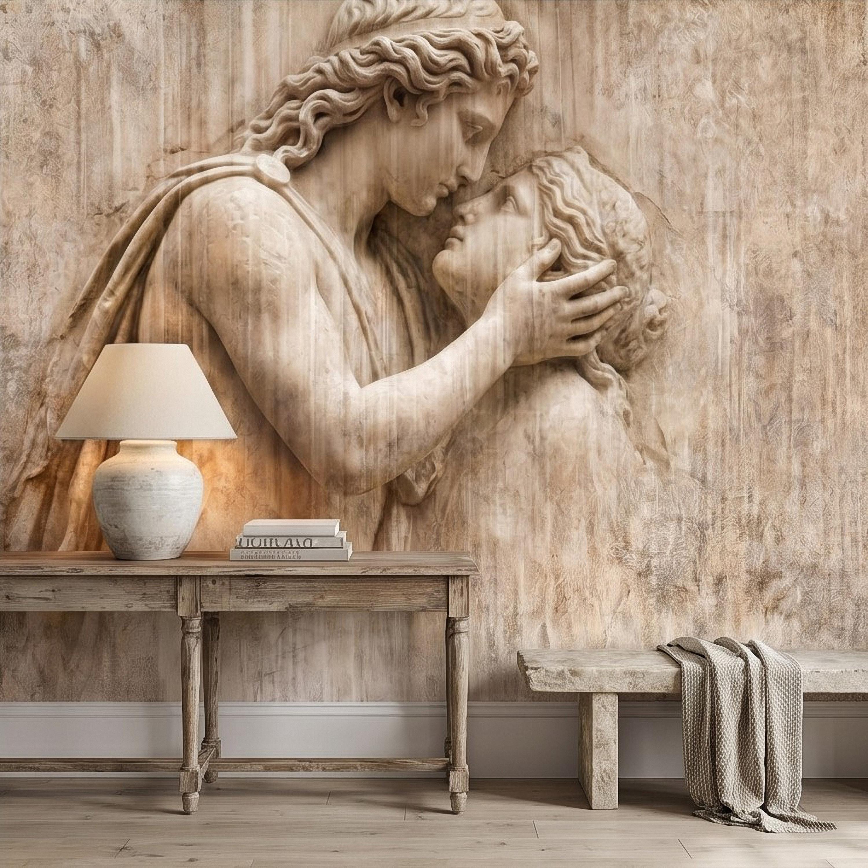 Romantic Lovers Peel and Stick Wall Mural, Renaissance Sculpture Embrace, Antique European Relief Art, Vintage Classical Statue Wallpaper