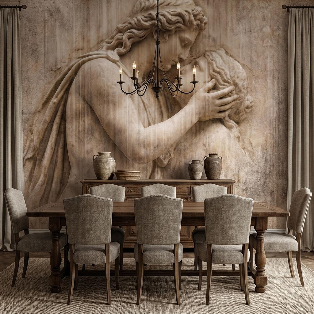 Romantic Lovers Peel and Stick Wall Mural, Renaissance Sculpture Embrace, Antique European Relief Art, Vintage Classical Statue Wallpaper