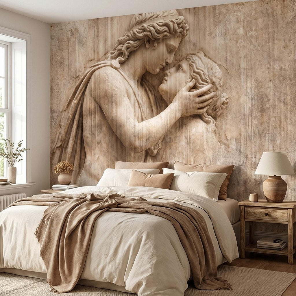 Romantic Lovers Peel and Stick Wall Mural, Renaissance Sculpture Embrace, Antique European Relief Art, Vintage Classical Statue Wallpaper
