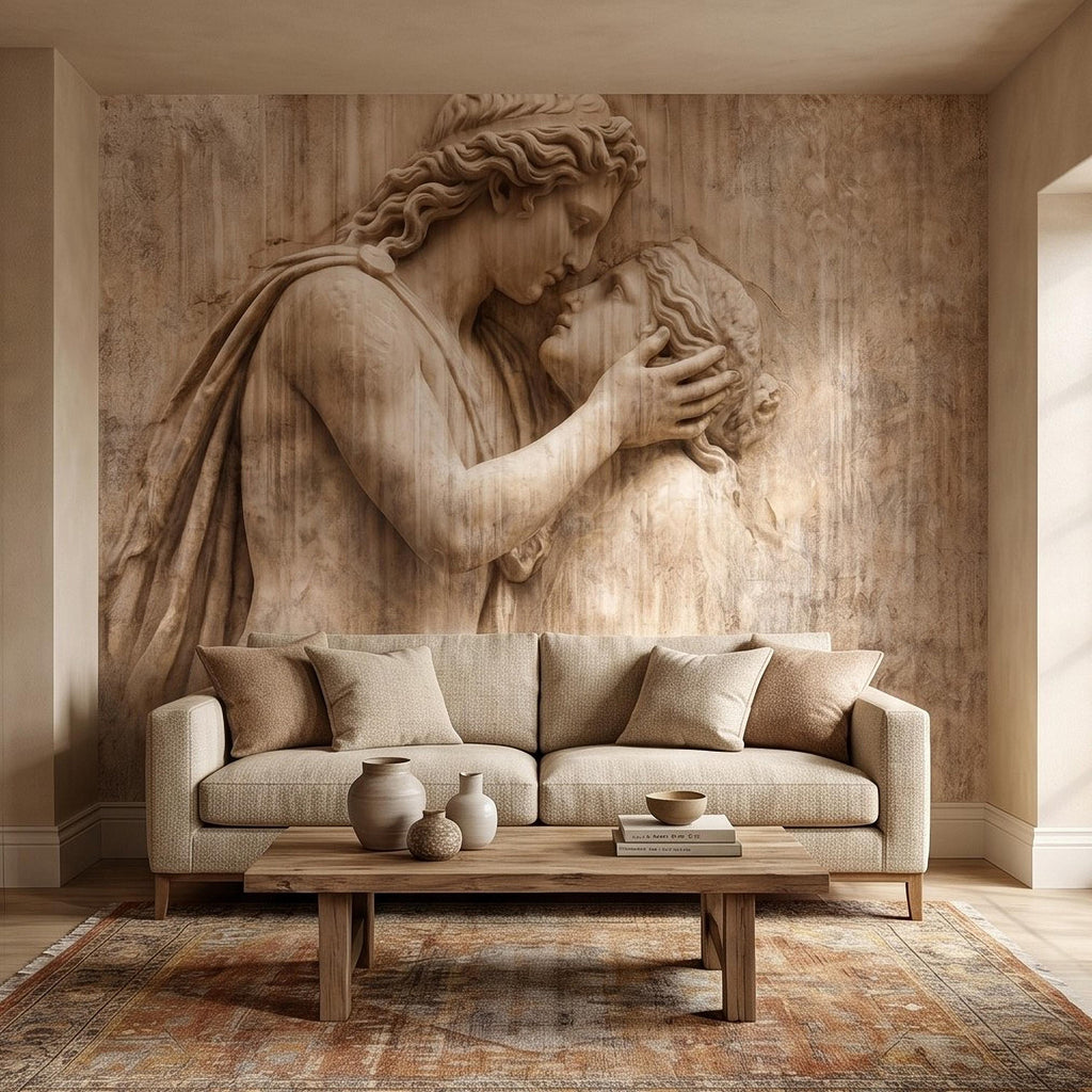 Romantic Lovers Peel and Stick Wall Mural, Renaissance Sculpture Embrace, Antique European Relief Art, Vintage Classical Statue Wallpaper