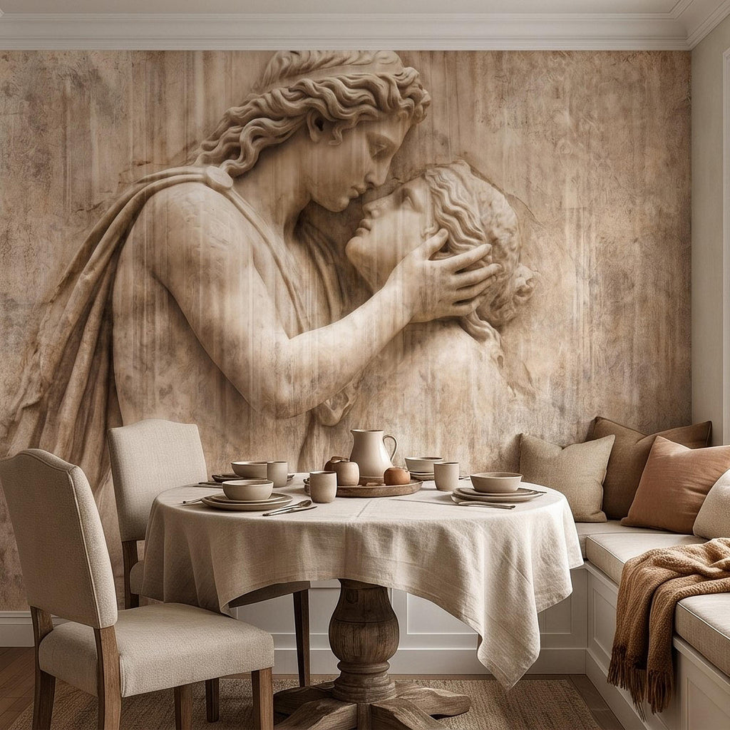 Romantic Lovers Peel and Stick Wall Mural, Renaissance Sculpture Embrace, Antique European Relief Art, Vintage Classical Statue Wallpaper