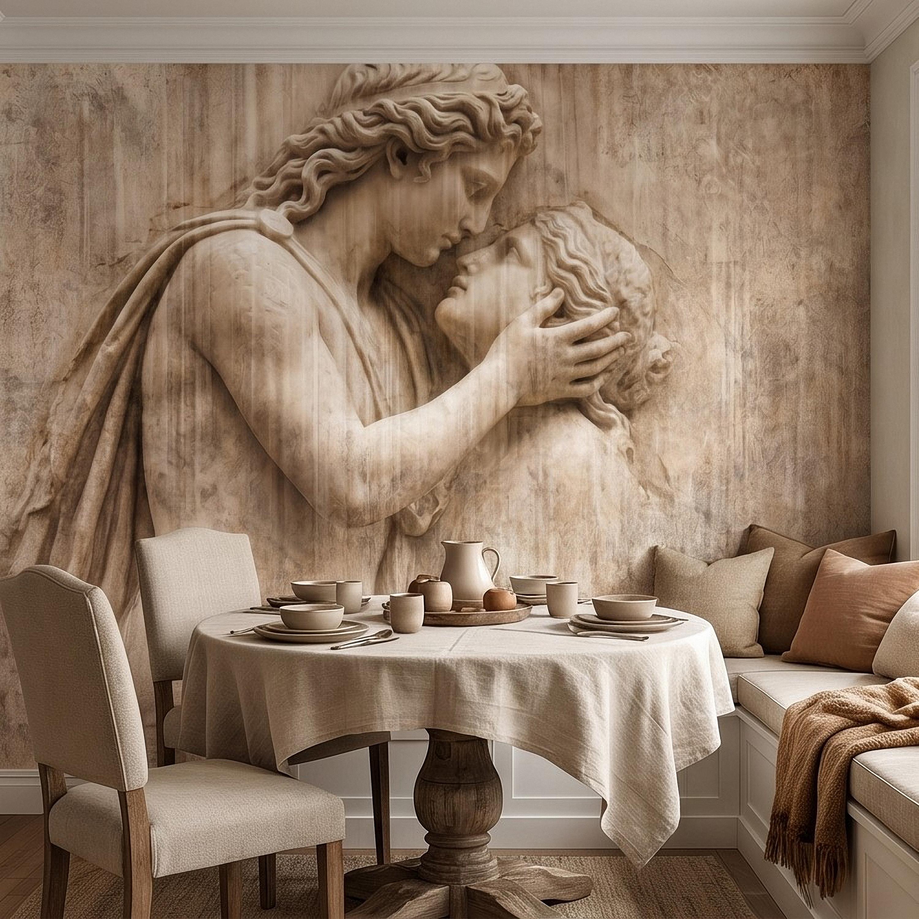 Romantic Lovers Peel and Stick Wall Mural, Renaissance Sculpture Embrace, Antique European Relief Art, Vintage Classical Statue Wallpaper