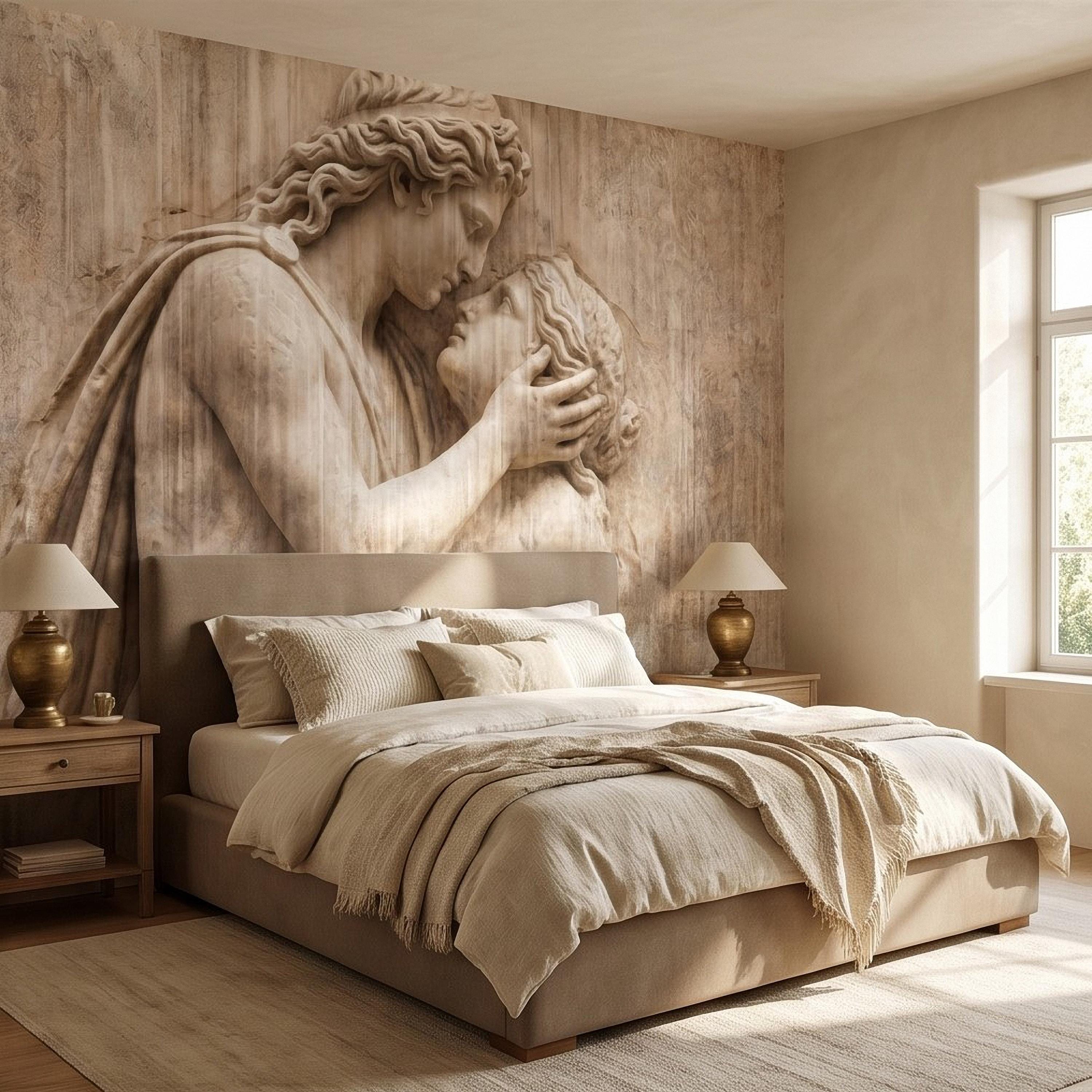 Romantic Lovers Peel and Stick Wall Mural, Renaissance Sculpture Embrace, Antique European Relief Art, Vintage Classical Statue Wallpaper