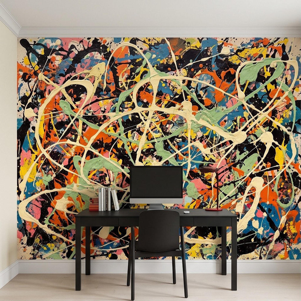 Abstract Paint Splatter Peel and Stick Wall Mural, Colorful Drip Composition, Expressionist Action Painting Modern Wallpaper