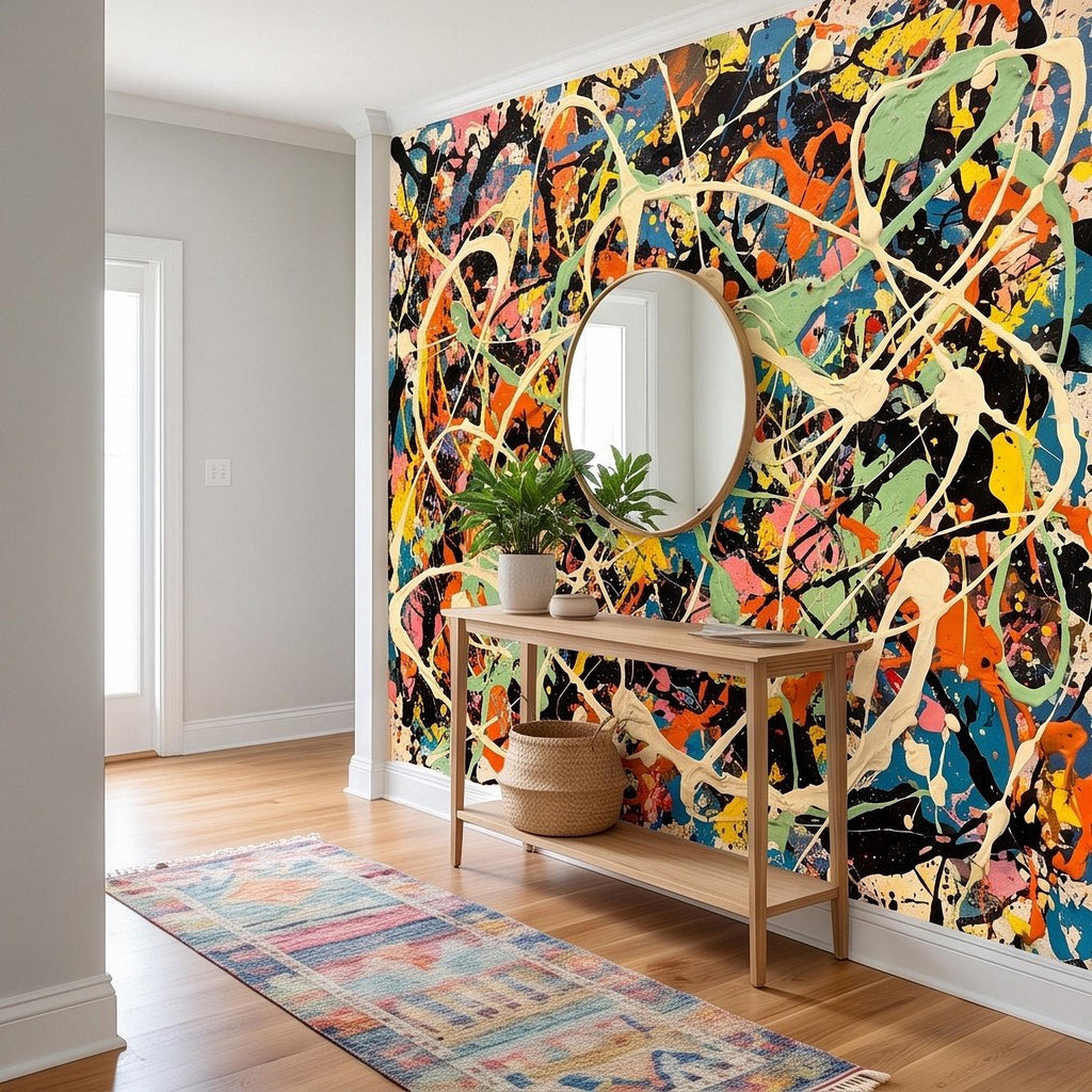 Abstract Paint Splatter Peel and Stick Wall Mural, Colorful Drip Composition, Expressionist Action Painting Modern Wallpaper