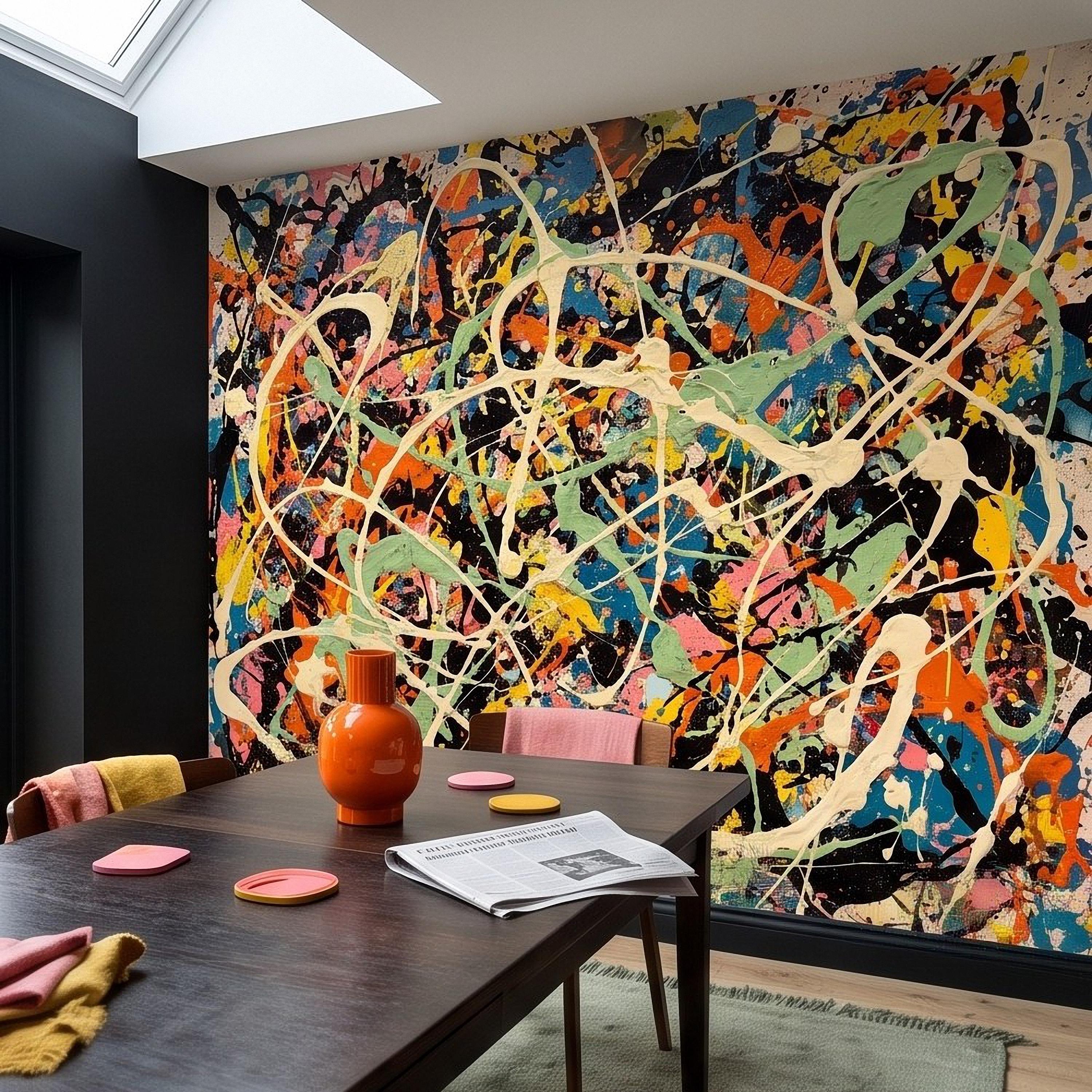 Abstract Paint Splatter Peel and Stick Wall Mural, Colorful Drip Composition, Expressionist Action Painting Modern Wallpaper