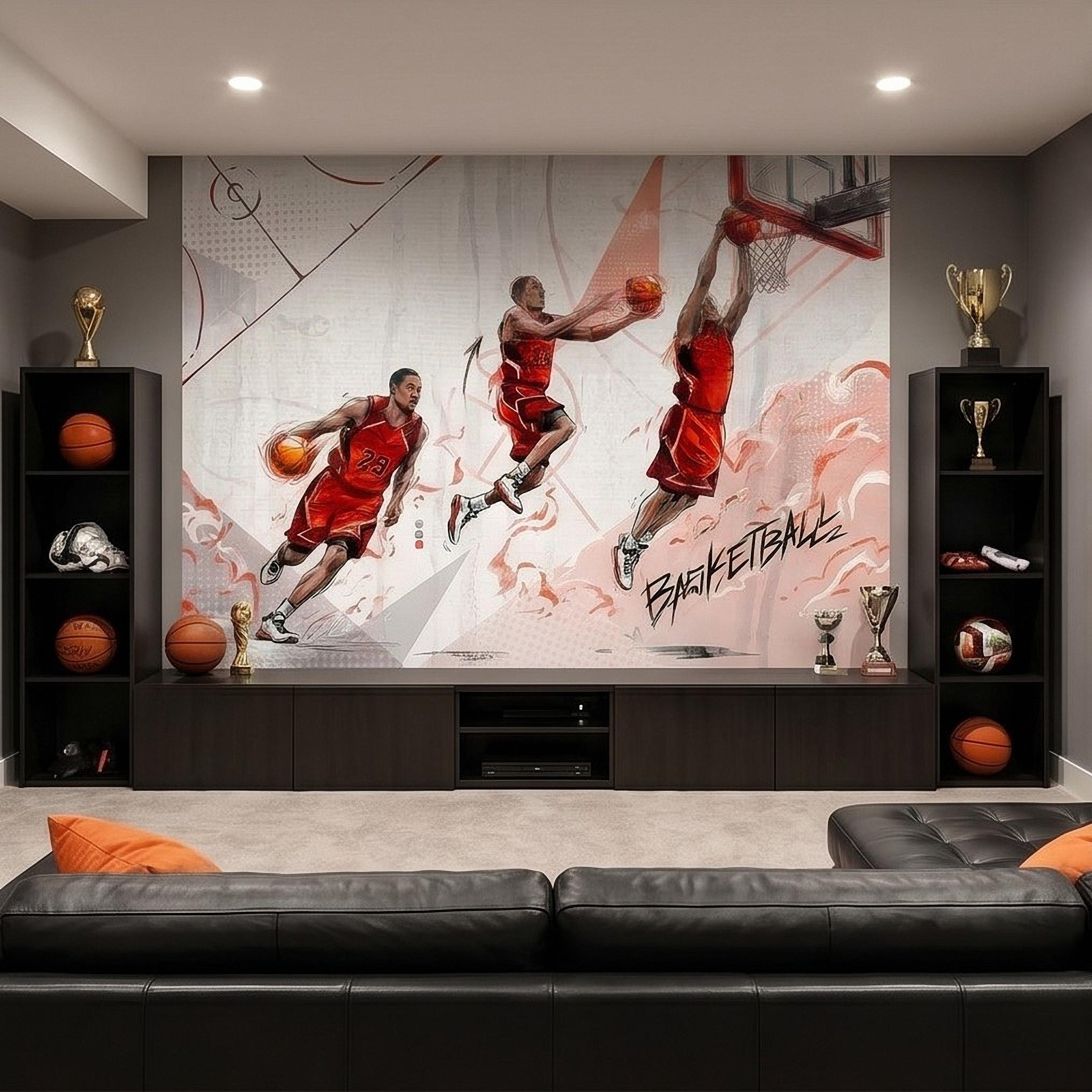 Basketball Slam Dunk Peel and Stick Wall Mural, Dynamic Court Action Player Illustration Dribble Drive and Hoop Shot Scene Sports Wallpaper