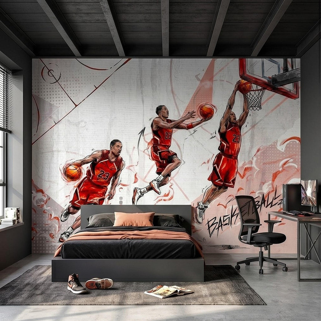 Basketball Slam Dunk Peel and Stick Wall Mural, Dynamic Court Action Player Illustration Dribble Drive and Hoop Shot Scene Sports Wallpaper