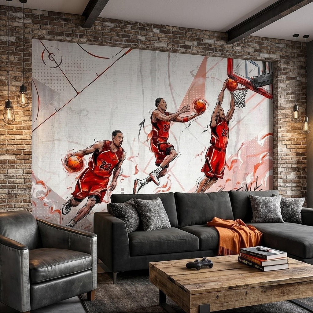 Basketball Slam Dunk Peel and Stick Wall Mural, Dynamic Court Action Player Illustration Dribble Drive and Hoop Shot Scene Sports Wallpaper