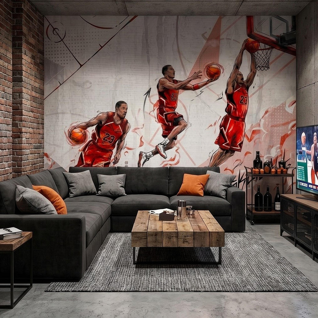 Basketball Slam Dunk Peel and Stick Wall Mural, Dynamic Court Action Player Illustration Dribble Drive and Hoop Shot Scene Sports Wallpaper