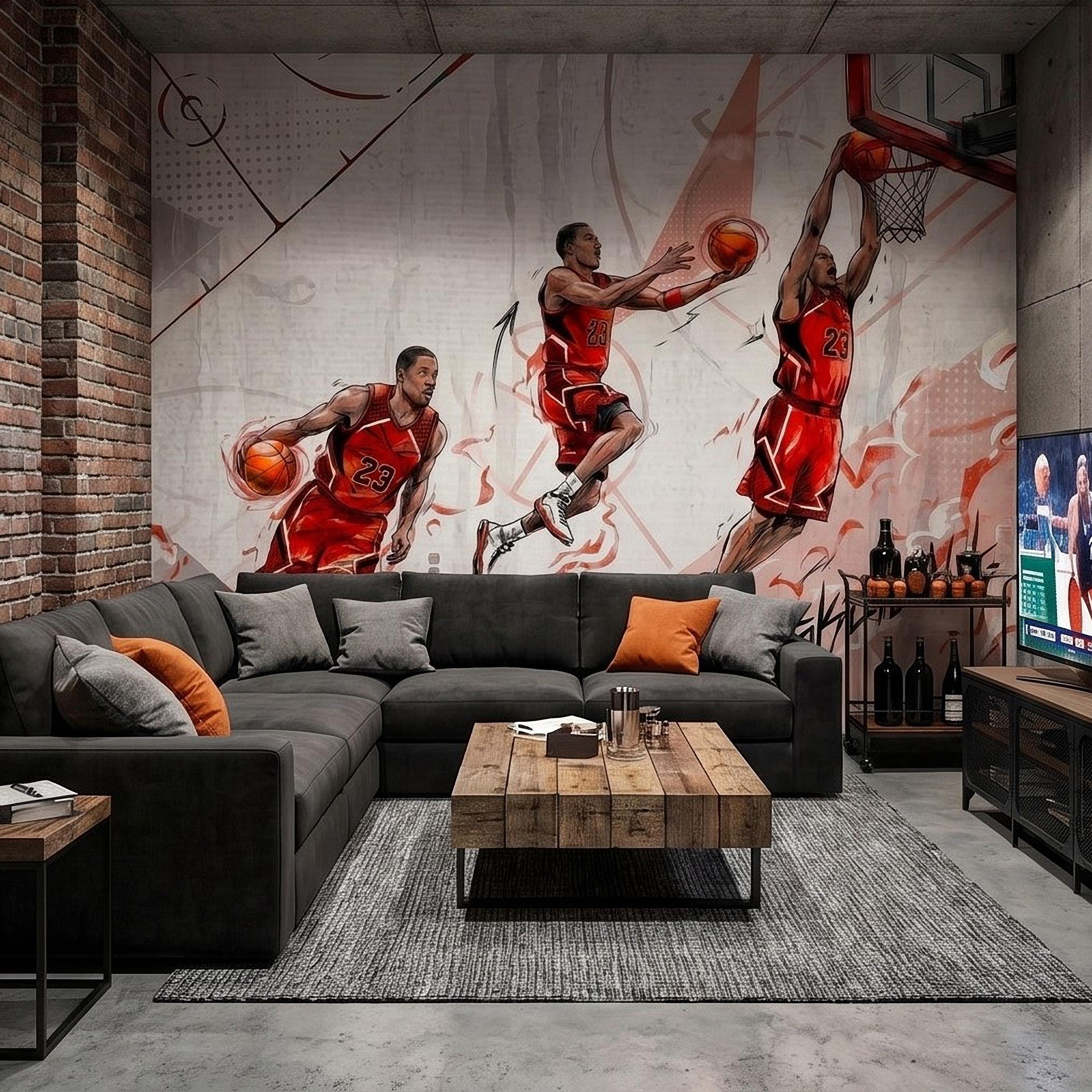 Basketball Slam Dunk Peel and Stick Wall Mural, Dynamic Court Action Player Illustration Dribble Drive and Hoop Shot Scene Sports Wallpaper
