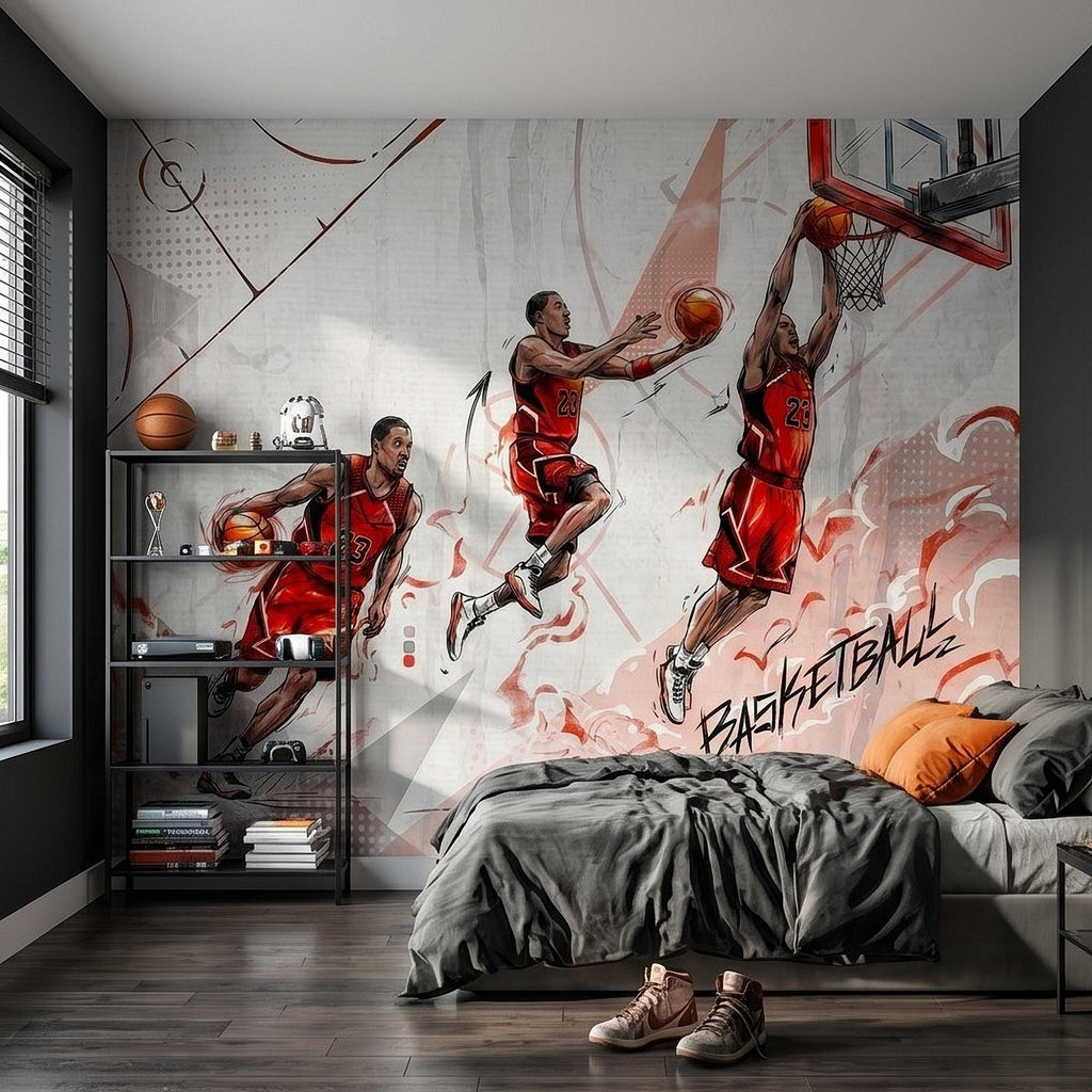 Basketball Slam Dunk Peel and Stick Wall Mural, Dynamic Court Action Player Illustration Dribble Drive and Hoop Shot Scene Sports Wallpaper