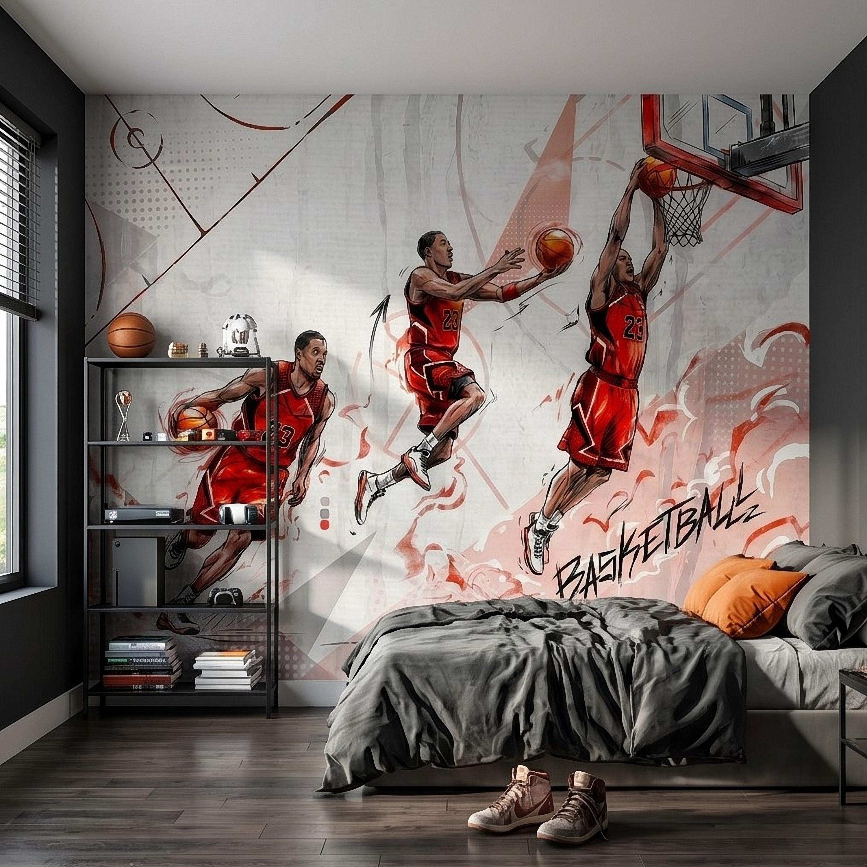 Basketball Slam Dunk Peel and Stick Wall Mural, Dynamic Court Action Player Illustration Dribble Drive and Hoop Shot Scene Sports Wallpaper
