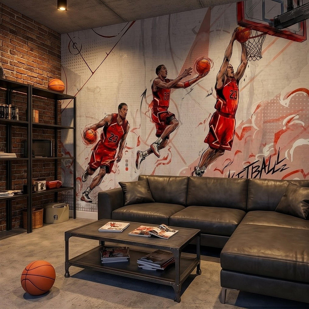 Basketball Slam Dunk Peel and Stick Wall Mural, Dynamic Court Action Player Illustration Dribble Drive and Hoop Shot Scene Sports Wallpaper