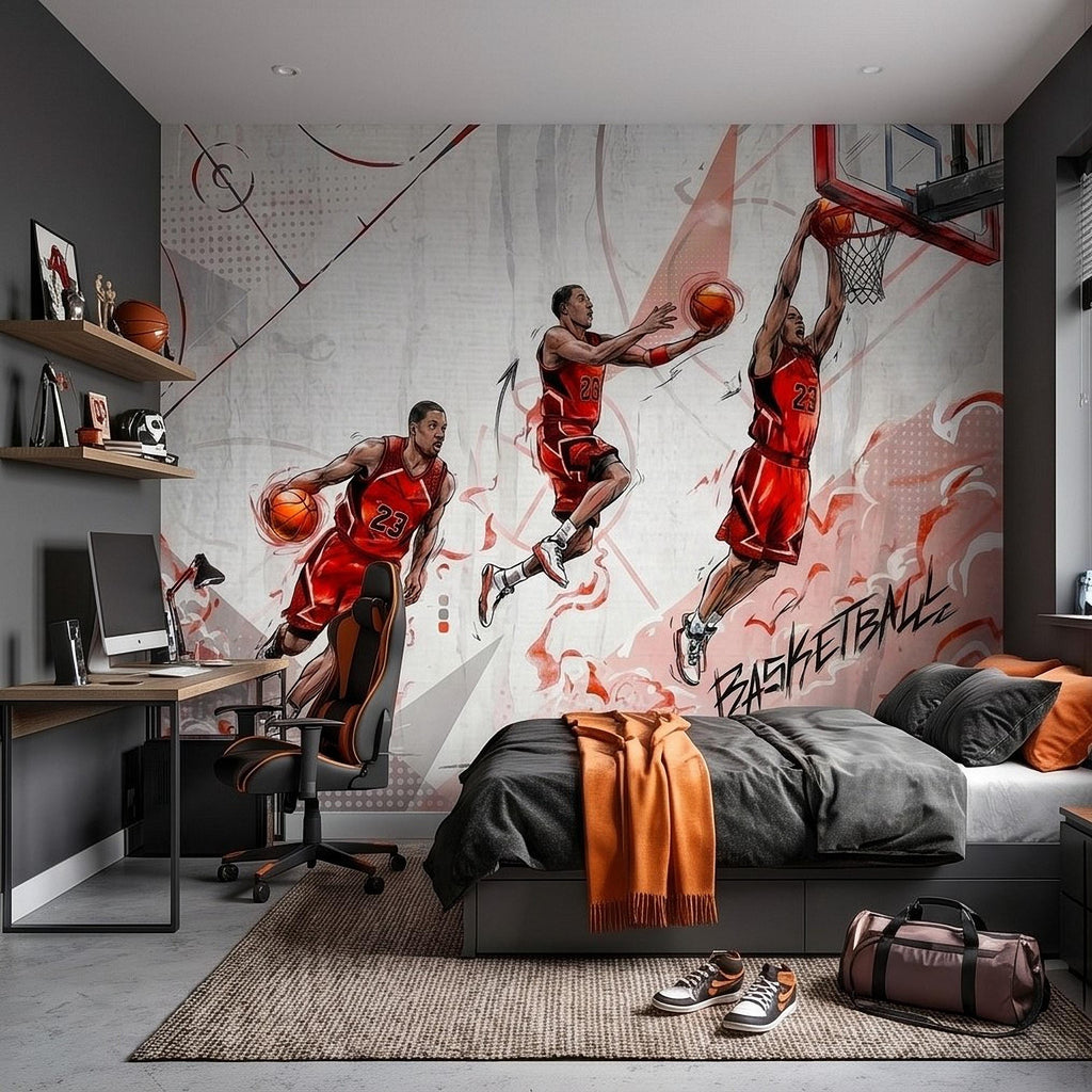Basketball Slam Dunk Peel and Stick Wall Mural, Dynamic Court Action Player Illustration Dribble Drive and Hoop Shot Scene Sports Wallpaper