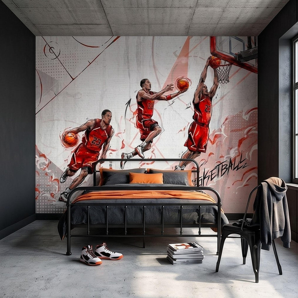 Basketball Slam Dunk Peel and Stick Wall Mural, Dynamic Court Action Player Illustration Dribble Drive and Hoop Shot Scene Sports Wallpaper