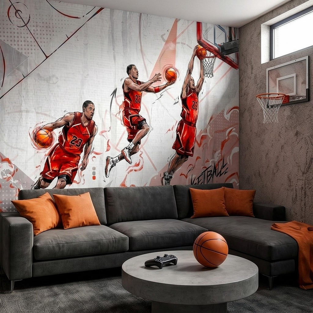 Basketball Slam Dunk Peel and Stick Wall Mural, Dynamic Court Action Player Illustration Dribble Drive and Hoop Shot Scene Sports Wallpaper
