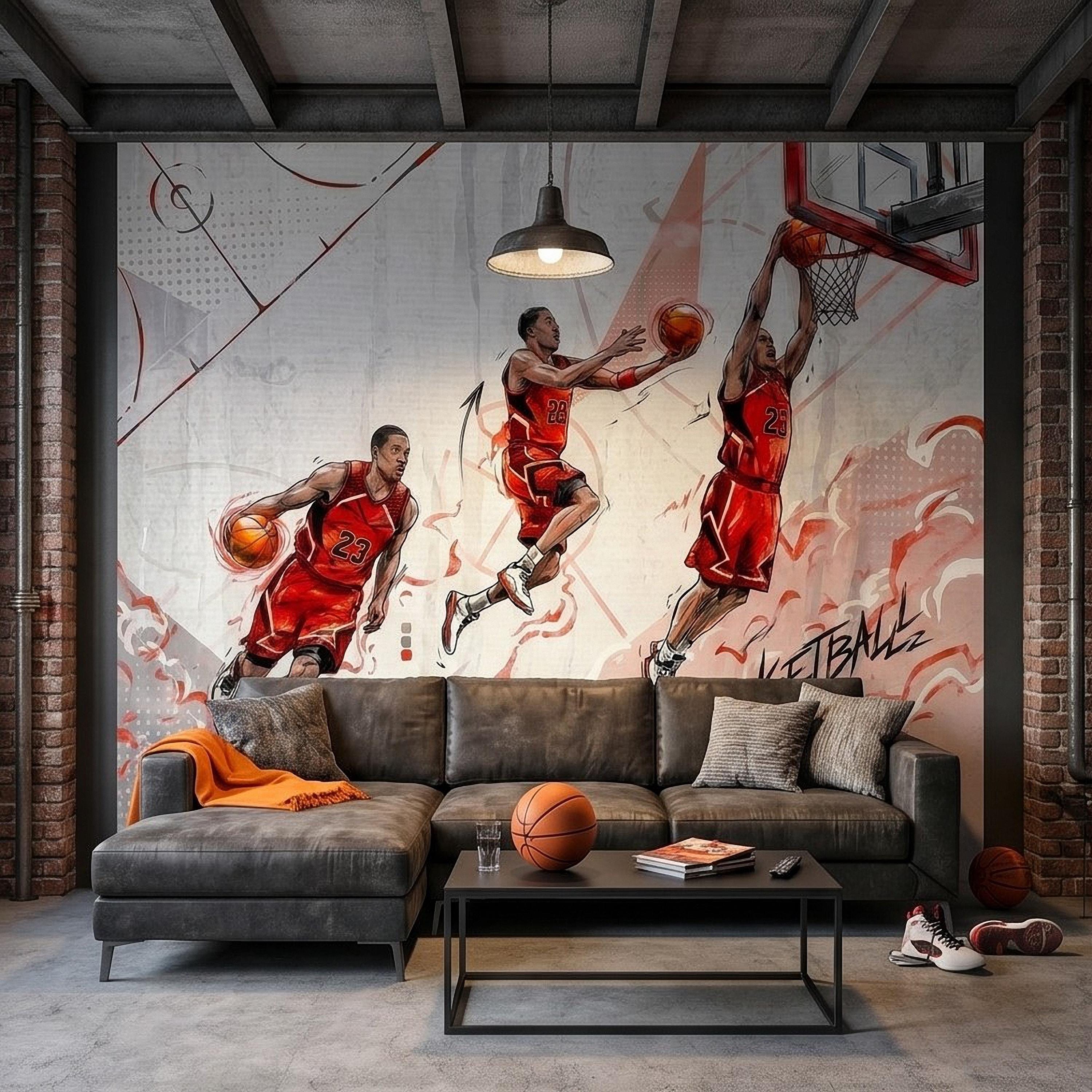 Basketball Slam Dunk Peel and Stick Wall Mural, Dynamic Court Action Player Illustration Dribble Drive and Hoop Shot Scene Sports Wallpaper