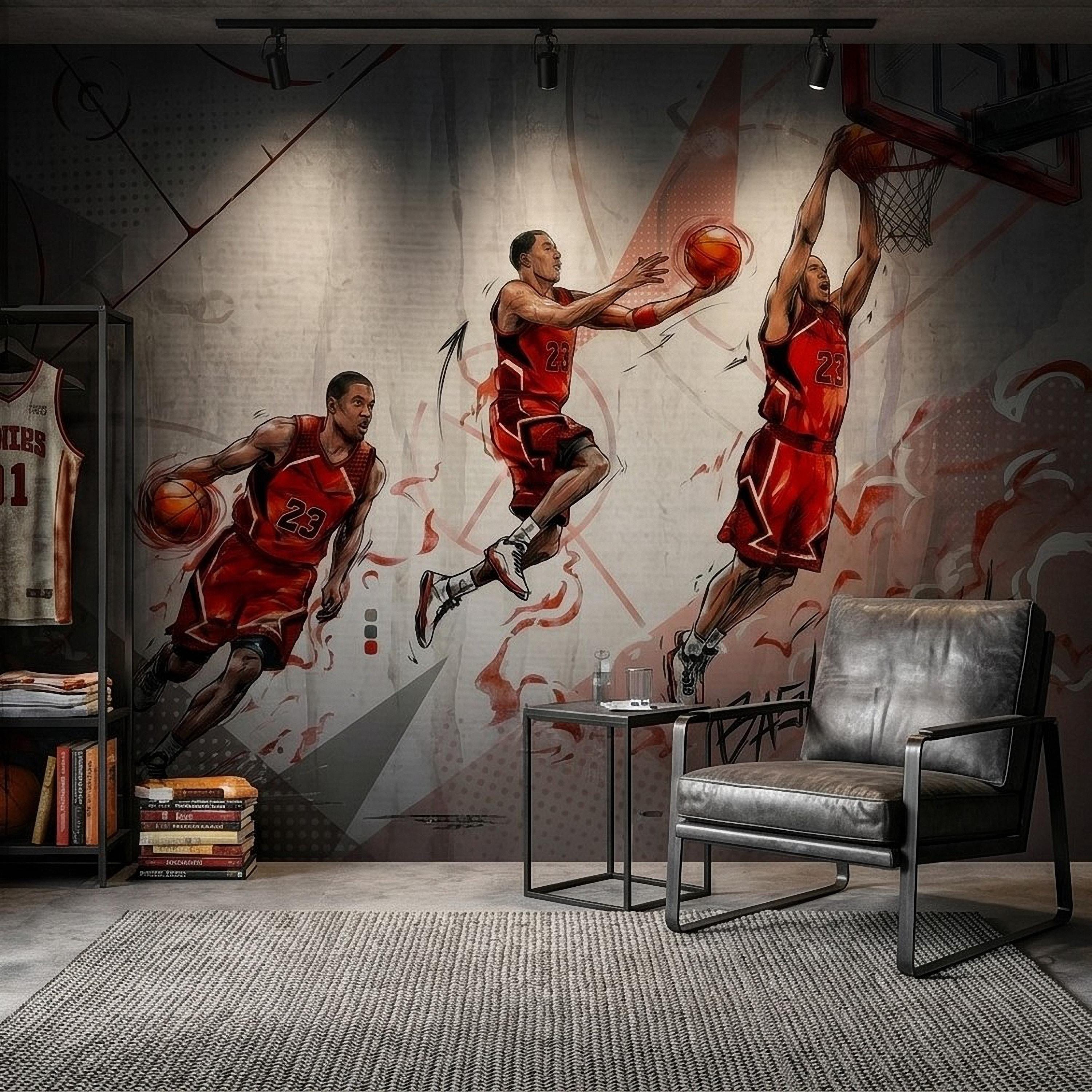 Basketball Slam Dunk Peel and Stick Wall Mural, Dynamic Court Action Player Illustration Dribble Drive and Hoop Shot Scene Sports Wallpaper