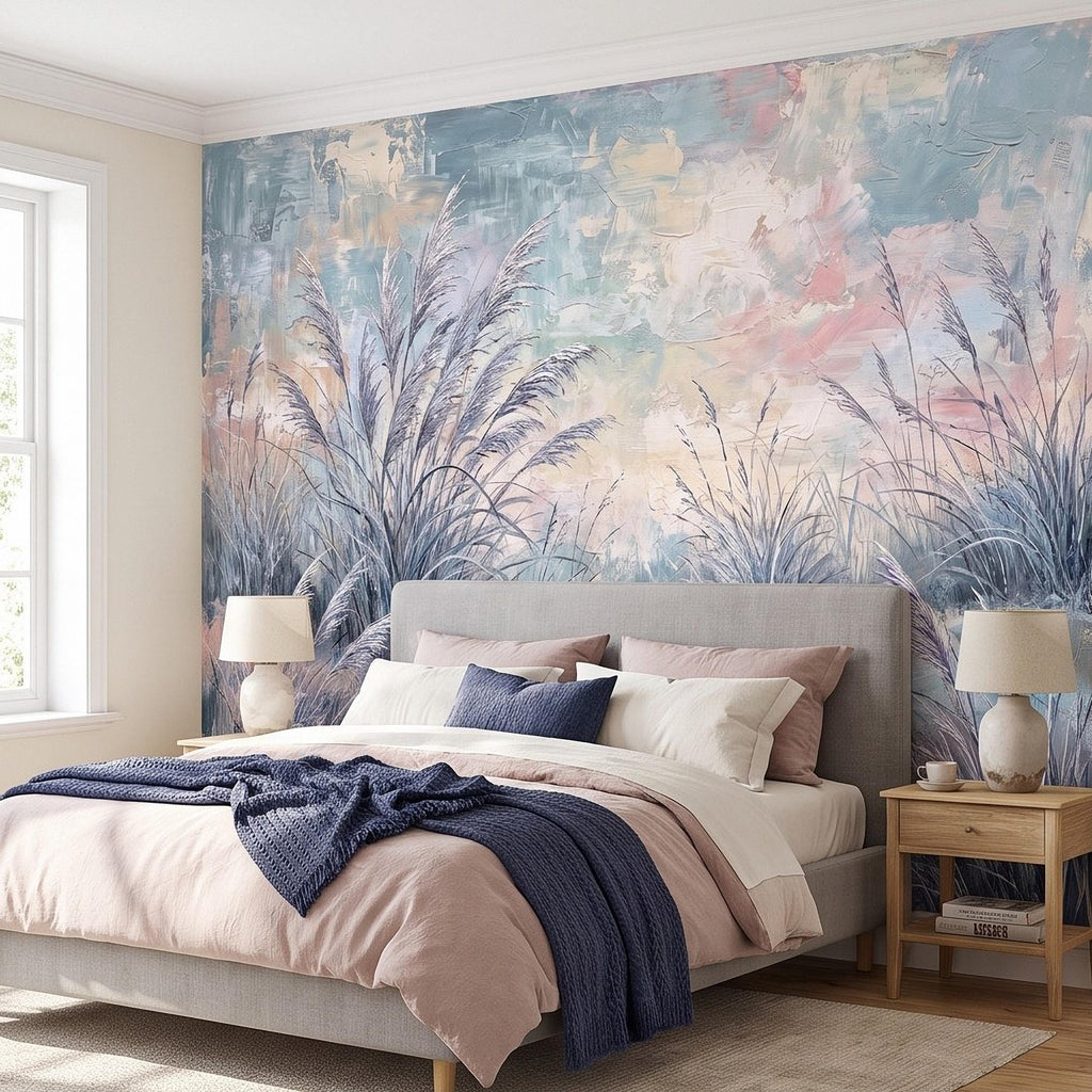 Watercolor Pampas Grass Peel and Stick Wall Mural, Soft Pastel Meadow, Dreamy Botanical Landscape Neutral Wallpaper