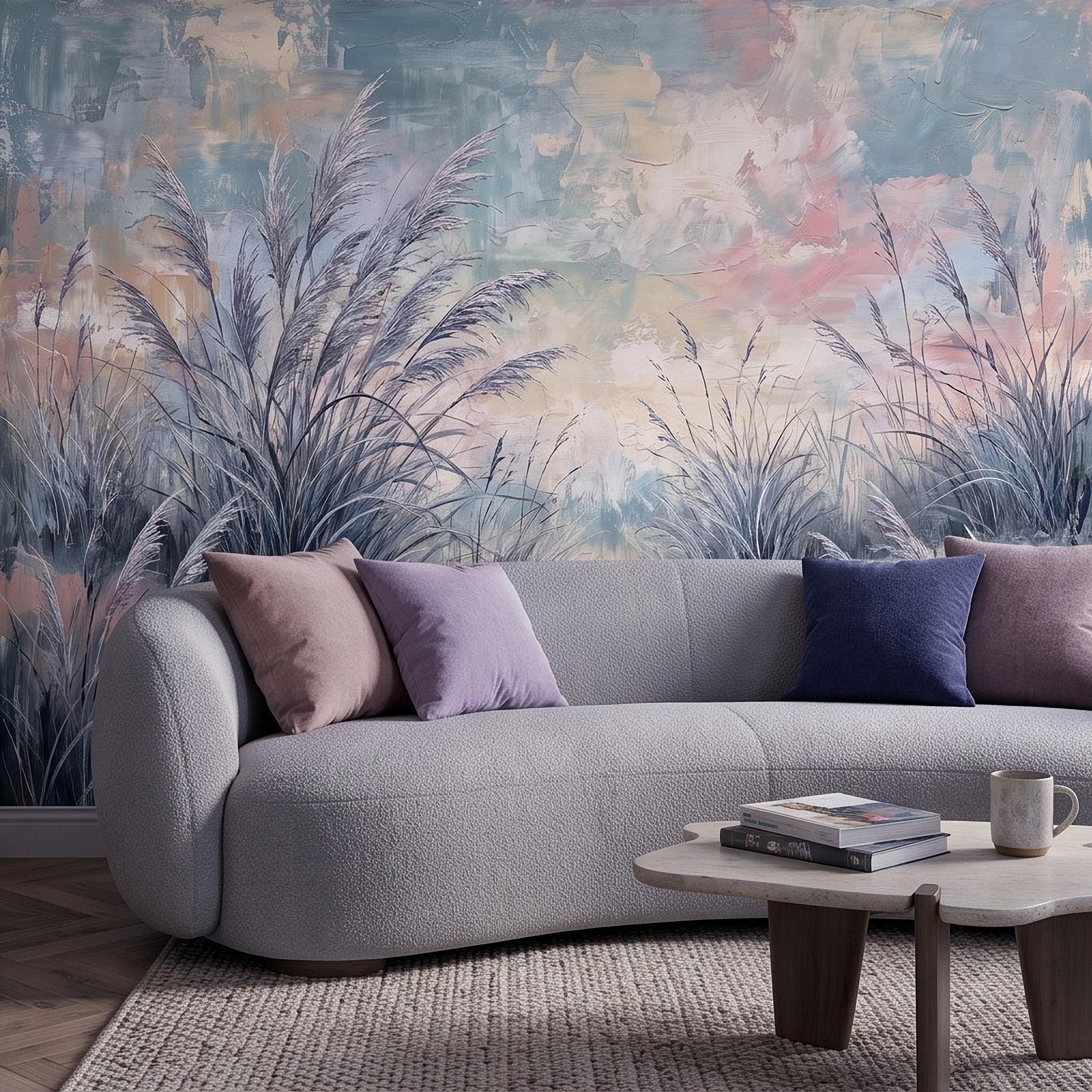 Watercolor Pampas Grass Peel and Stick Wall Mural, Soft Pastel Meadow, Dreamy Botanical Landscape Neutral Wallpaper