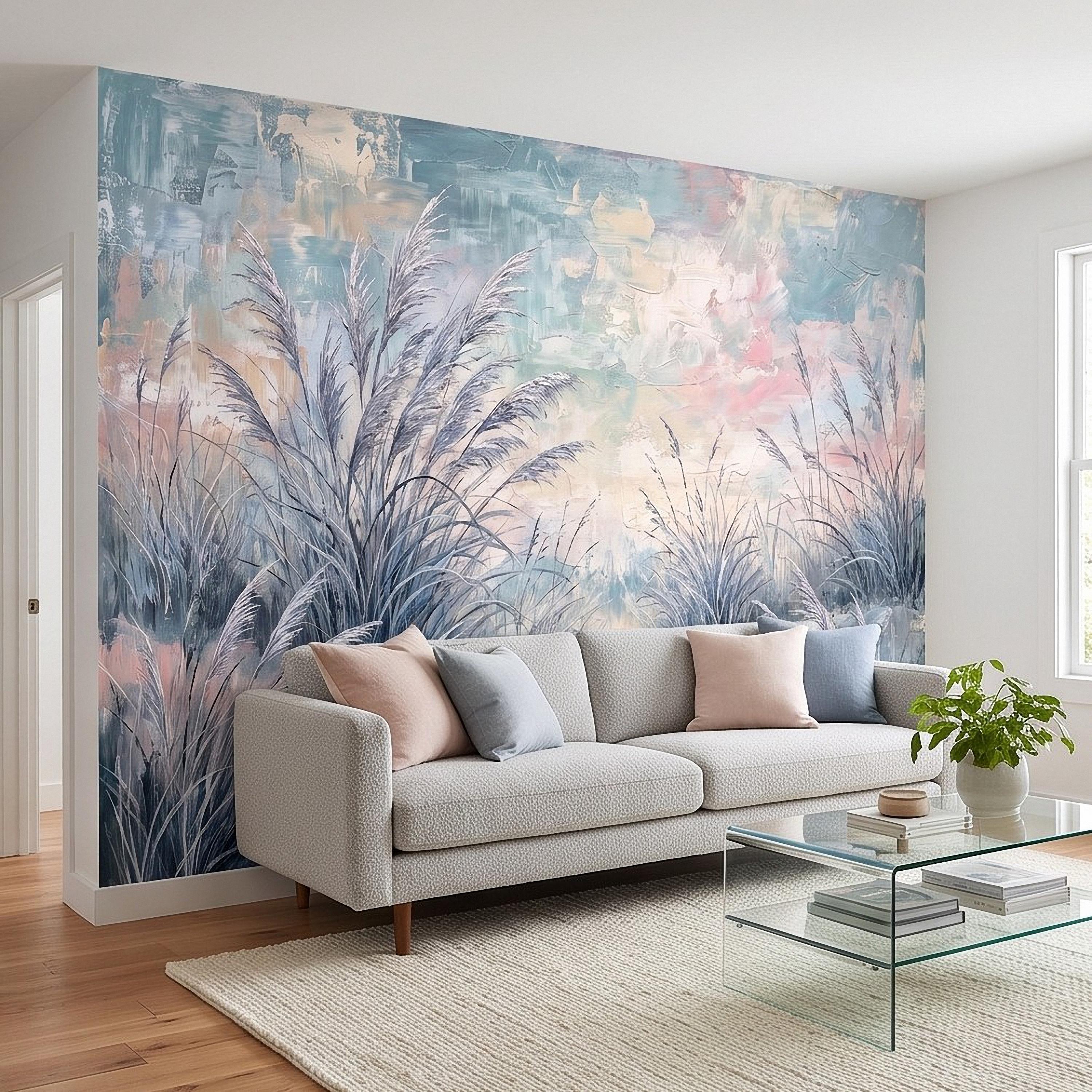 Watercolor Pampas Grass Peel and Stick Wall Mural, Soft Pastel Meadow, Dreamy Botanical Landscape Neutral Wallpaper