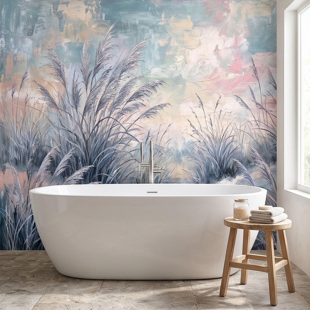 Watercolor Pampas Grass Peel and Stick Wall Mural, Soft Pastel Meadow, Dreamy Botanical Landscape Neutral Wallpaper