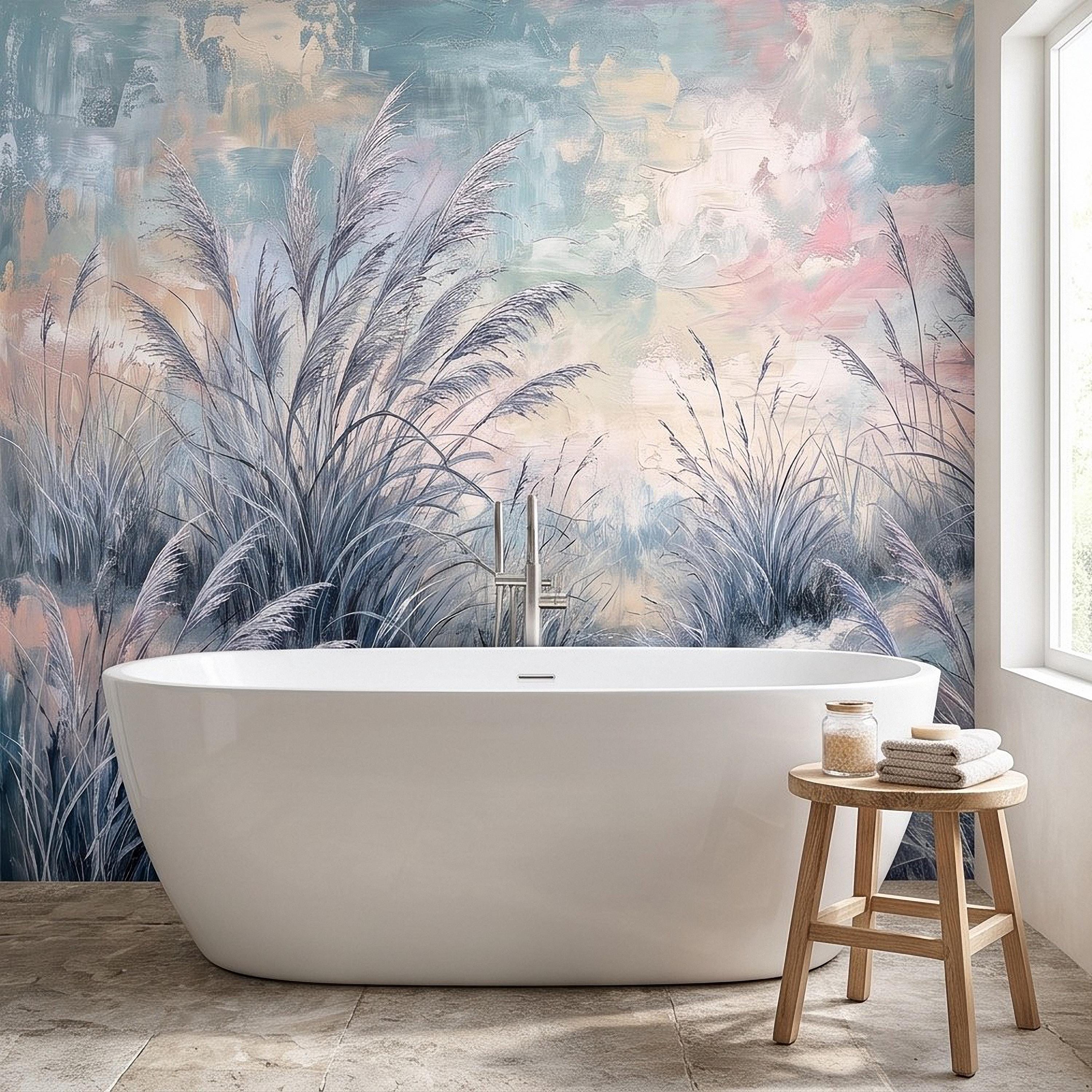 Watercolor Pampas Grass Peel and Stick Wall Mural, Soft Pastel Meadow, Dreamy Botanical Landscape Neutral Wallpaper