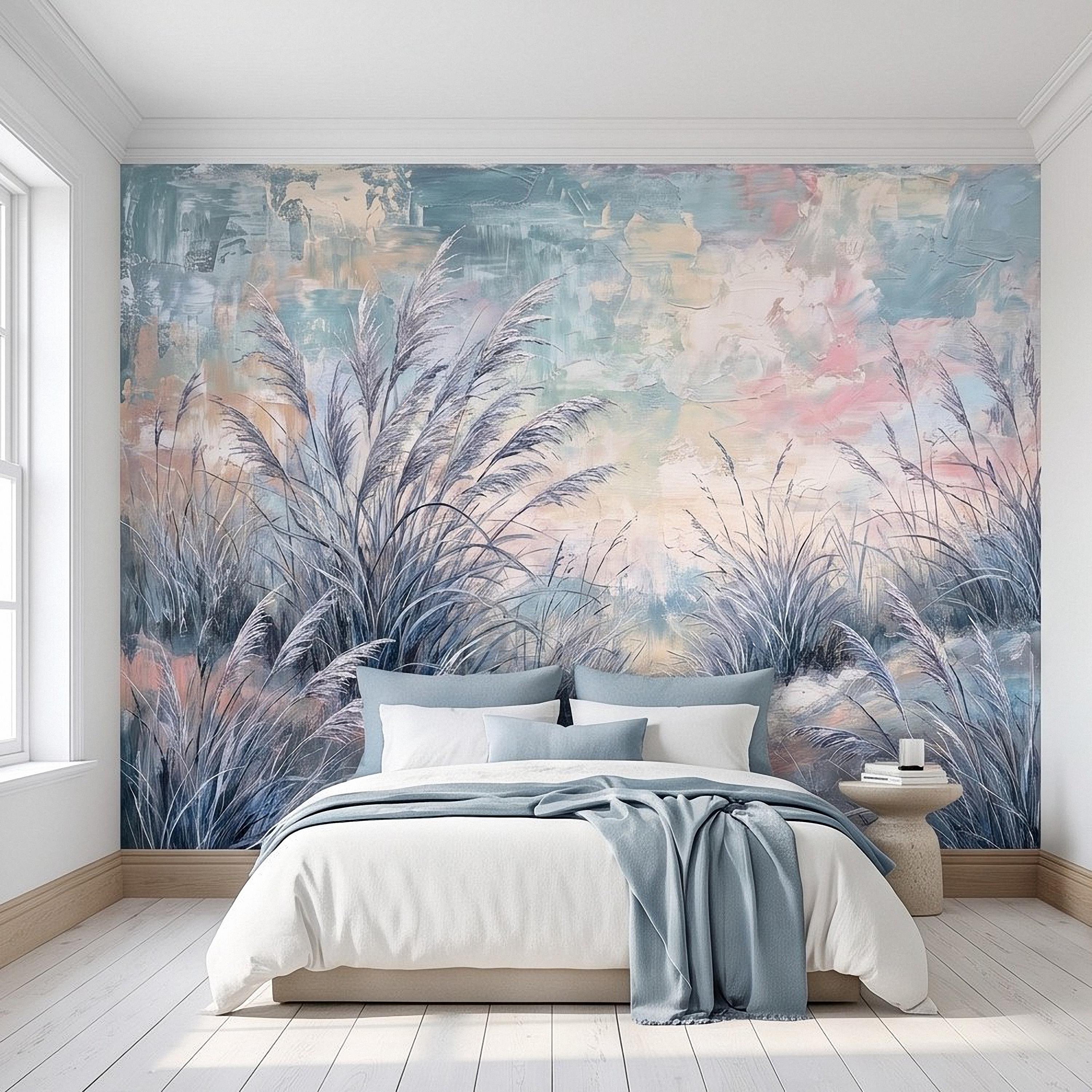 Watercolor Pampas Grass Peel and Stick Wall Mural, Soft Pastel Meadow, Dreamy Botanical Landscape Neutral Wallpaper