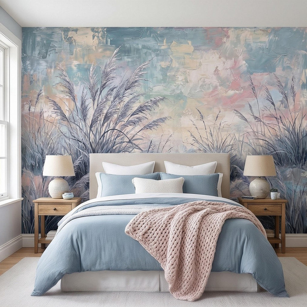 Watercolor Pampas Grass Peel and Stick Wall Mural, Soft Pastel Meadow, Dreamy Botanical Landscape Neutral Wallpaper