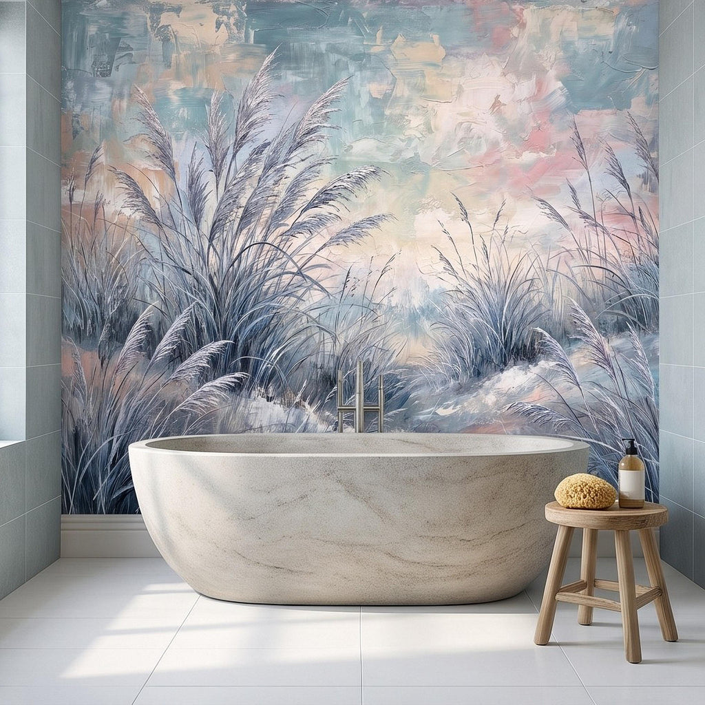 Watercolor Pampas Grass Peel and Stick Wall Mural, Soft Pastel Meadow, Dreamy Botanical Landscape Neutral Wallpaper