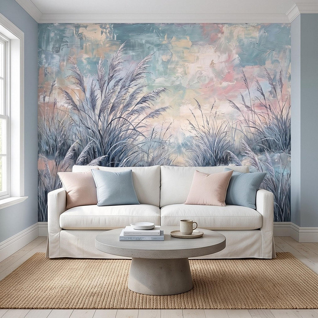 Watercolor Pampas Grass Peel and Stick Wall Mural, Soft Pastel Meadow, Dreamy Botanical Landscape Neutral Wallpaper
