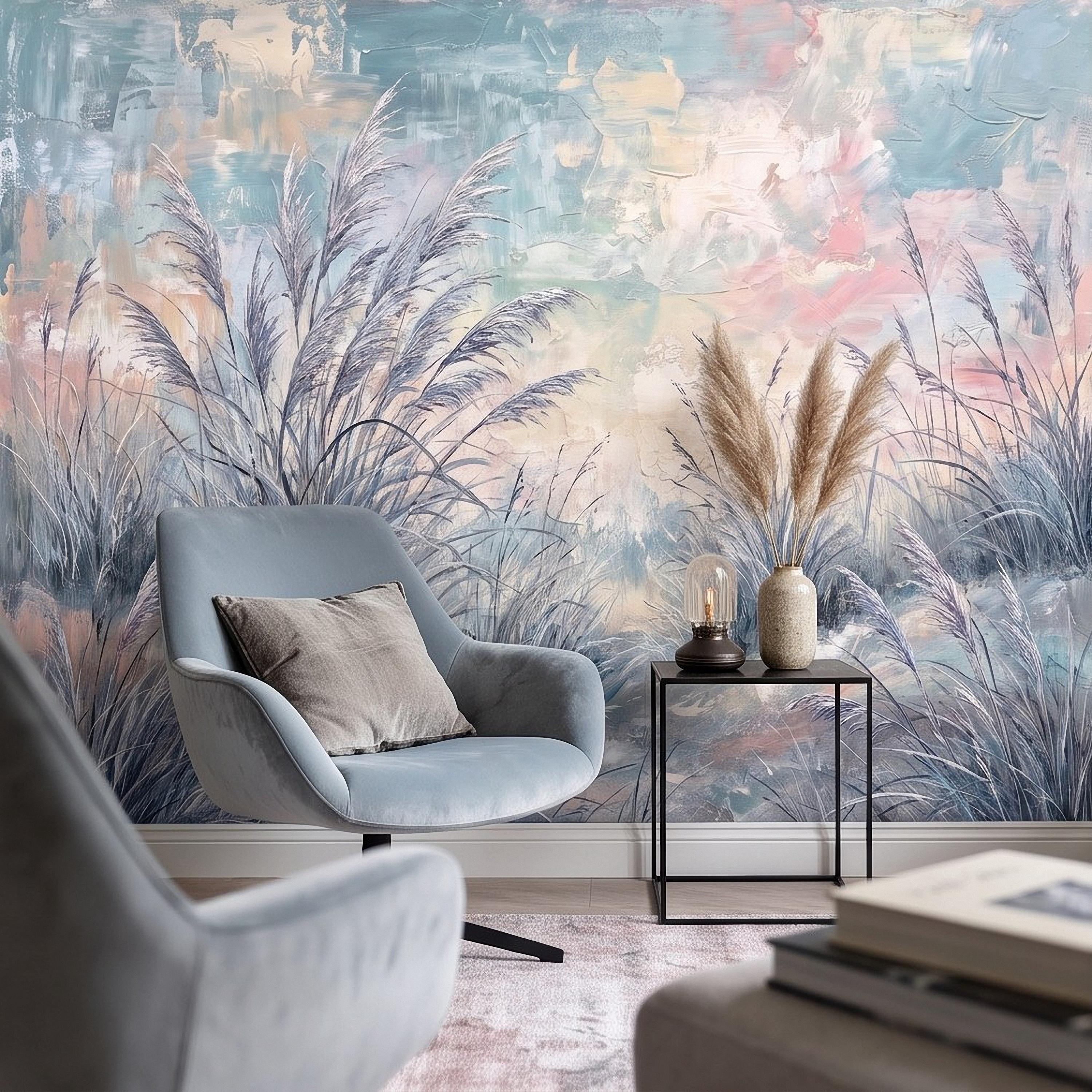 Watercolor Pampas Grass Peel and Stick Wall Mural, Soft Pastel Meadow, Dreamy Botanical Landscape Neutral Wallpaper