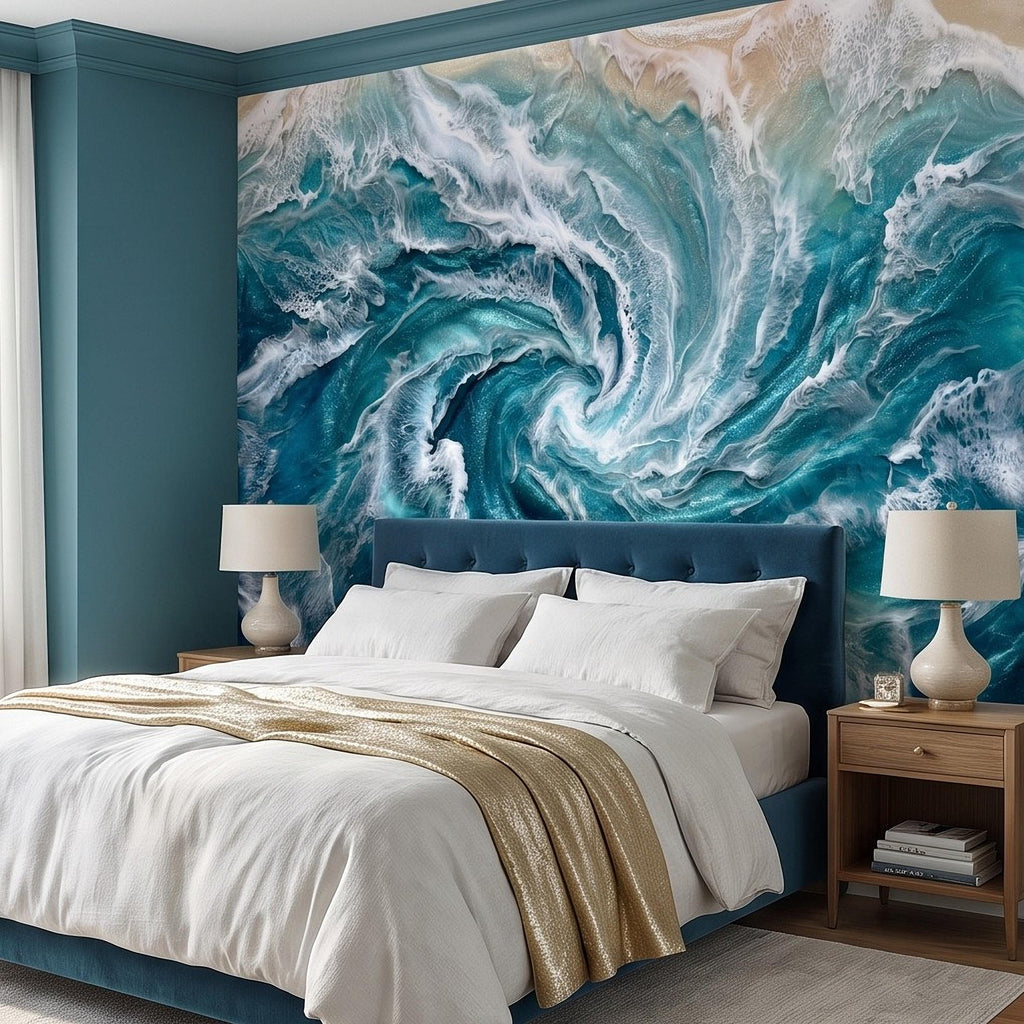 Ocean Wave Peel and Stick Wall Mural, Abstract Turquoise Sea Swirl, Foaming Coastal Water Resin Art Wallpaper
