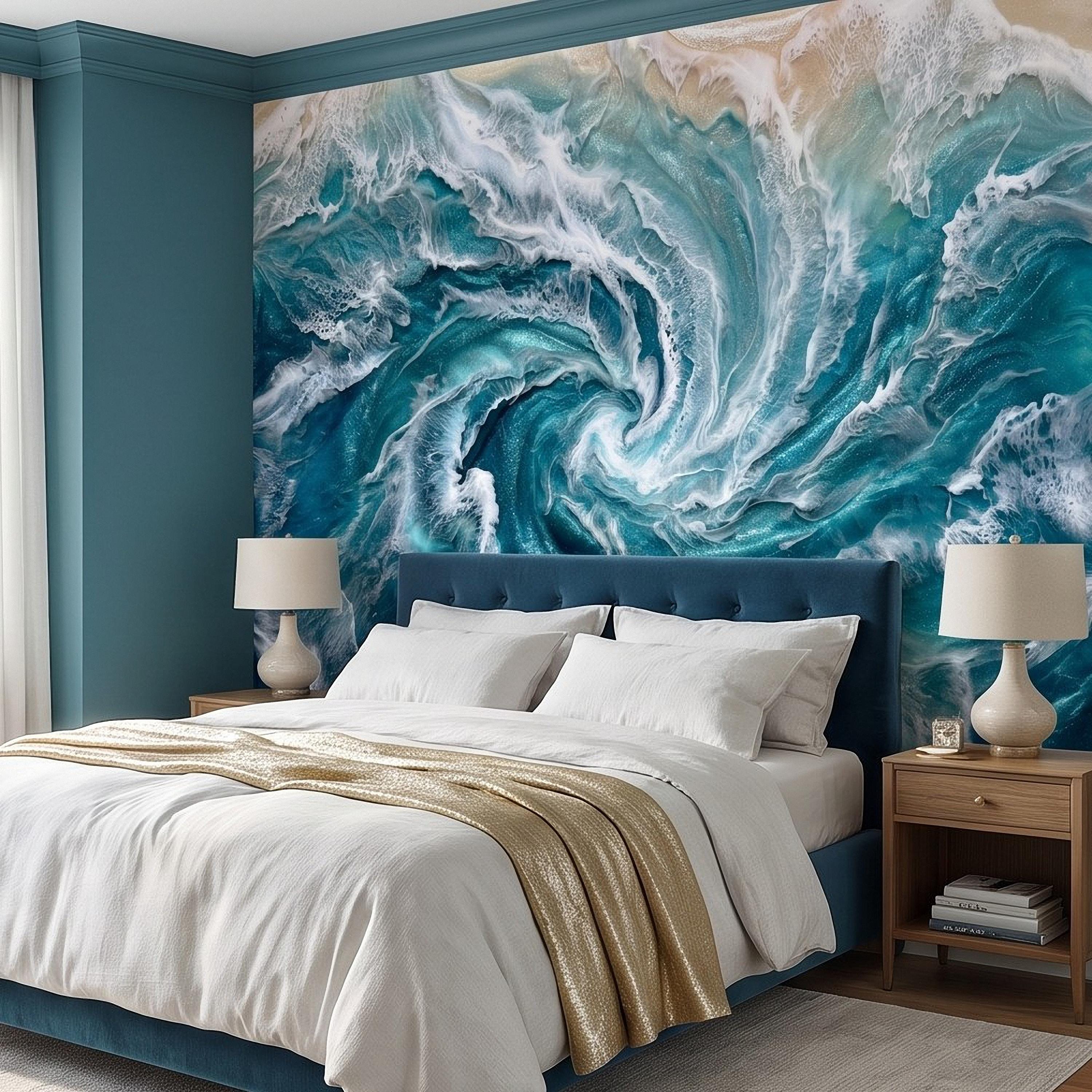Ocean Wave Peel and Stick Wall Mural, Abstract Turquoise Sea Swirl, Foaming Coastal Water Resin Art Wallpaper
