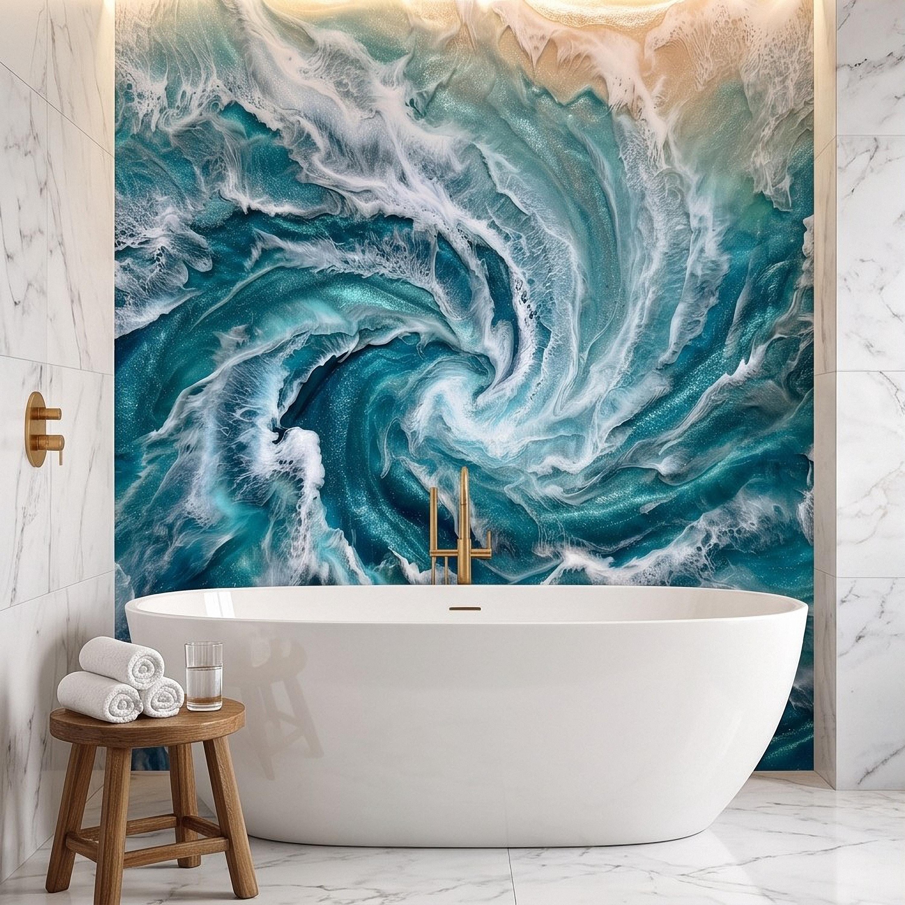 Ocean Wave Peel and Stick Wall Mural, Abstract Turquoise Sea Swirl, Foaming Coastal Water Resin Art Wallpaper