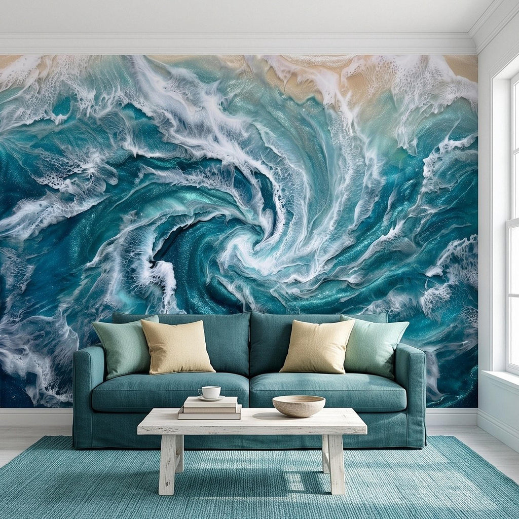 Ocean Wave Peel and Stick Wall Mural, Abstract Turquoise Sea Swirl, Foaming Coastal Water Resin Art Wallpaper