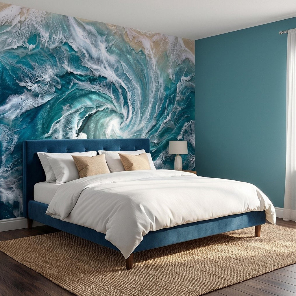 Ocean Wave Peel and Stick Wall Mural, Abstract Turquoise Sea Swirl, Foaming Coastal Water Resin Art Wallpaper