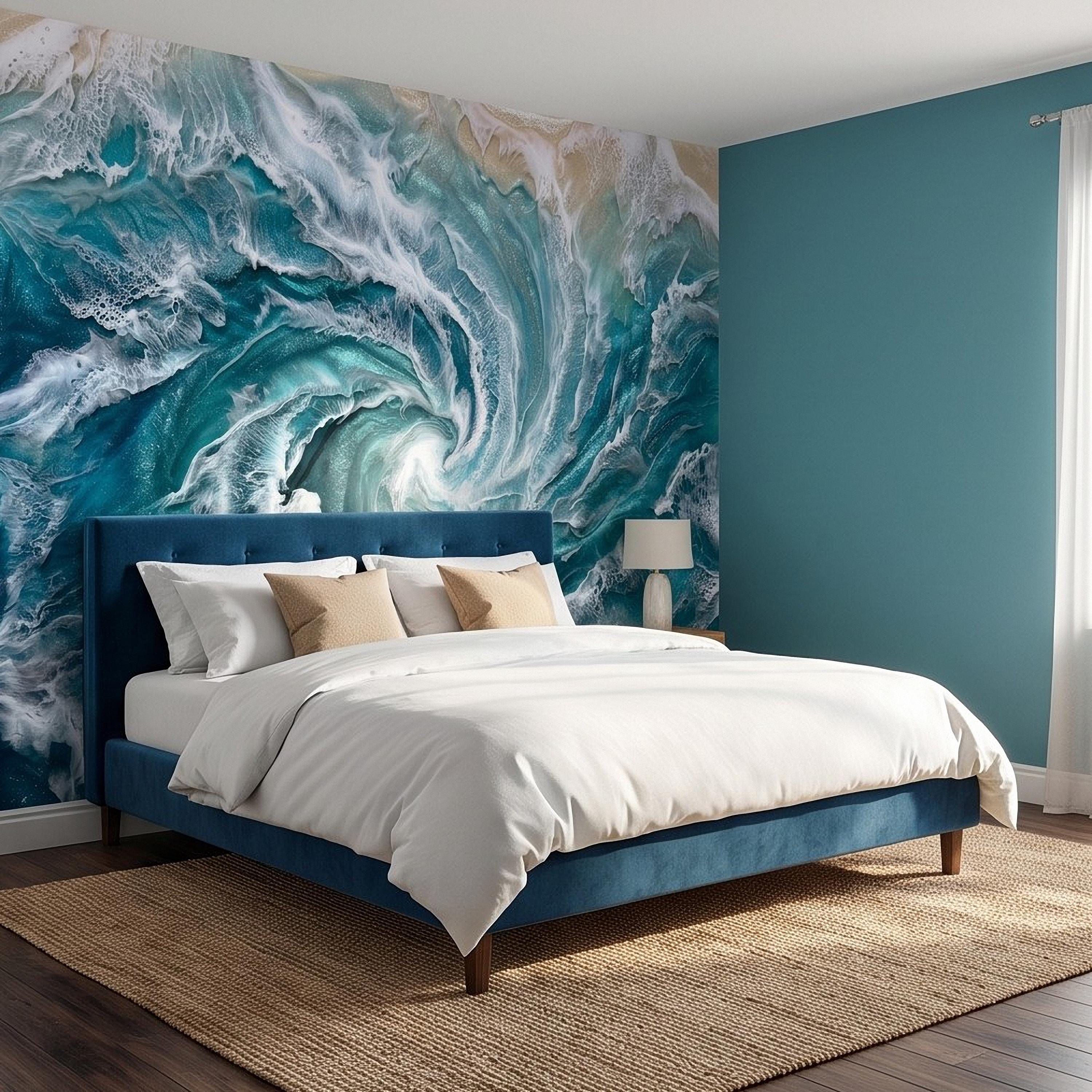 Ocean Wave Peel and Stick Wall Mural, Abstract Turquoise Sea Swirl, Foaming Coastal Water Resin Art Wallpaper